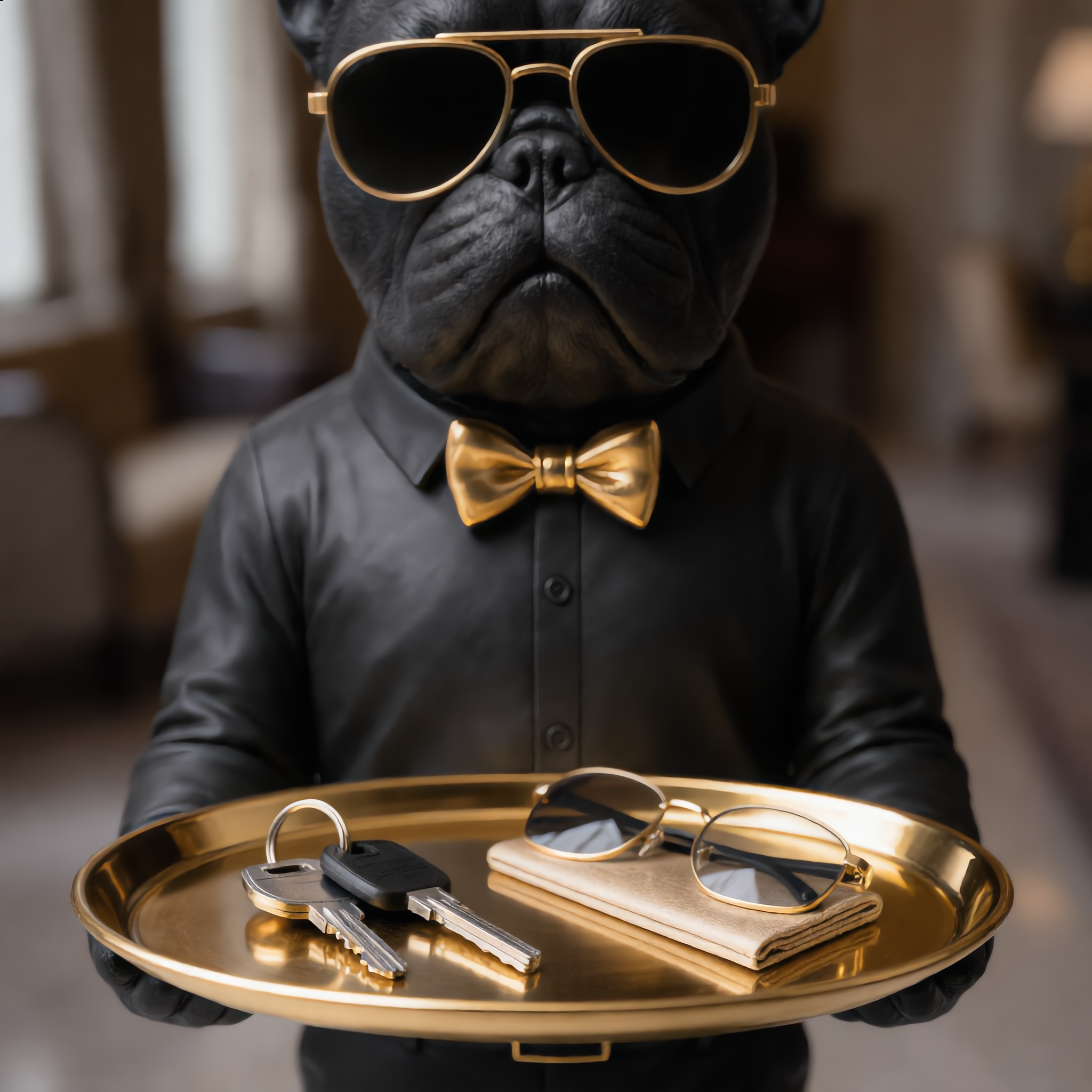 Close-up of gold tray holding keys and sunglasses