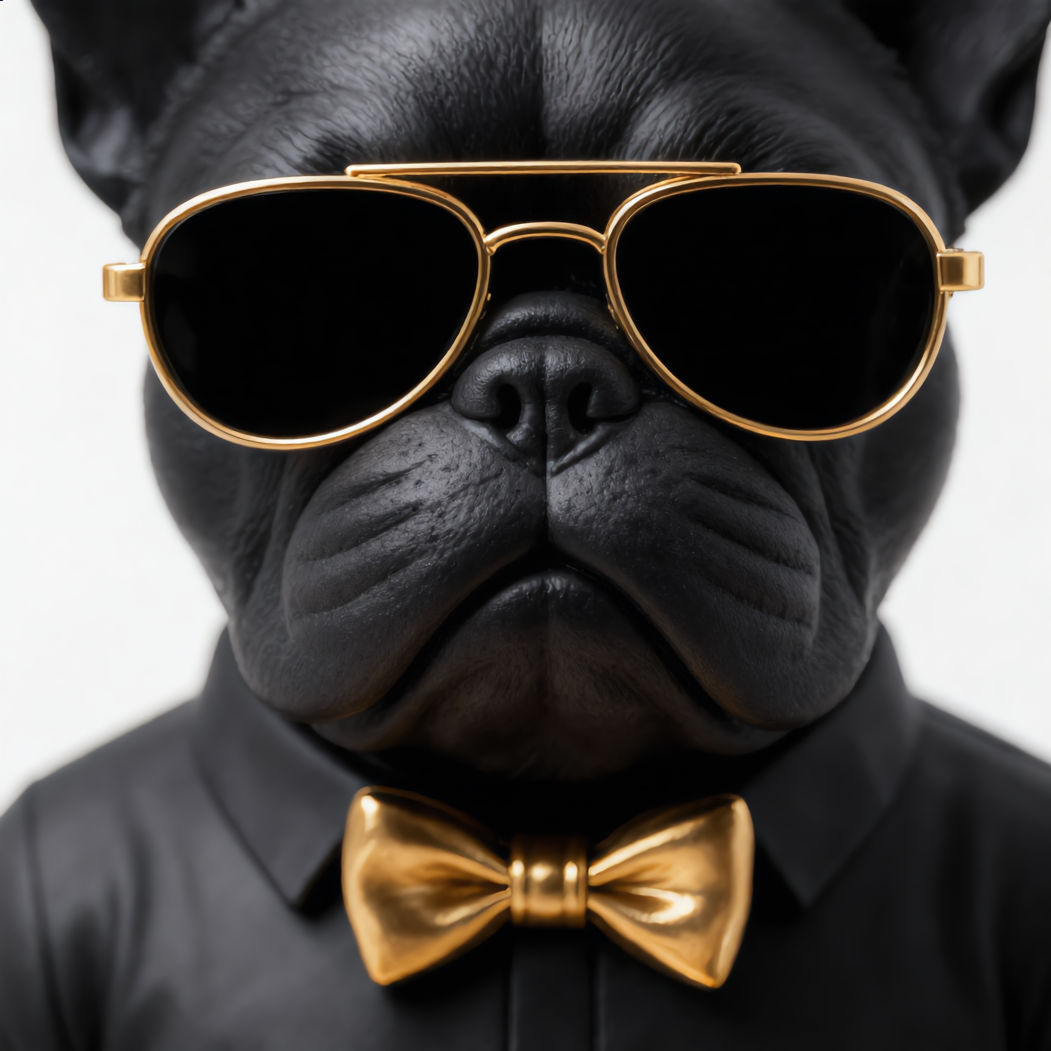 Close-up of black bulldog butler statue face with gold sunglasses and bow tie