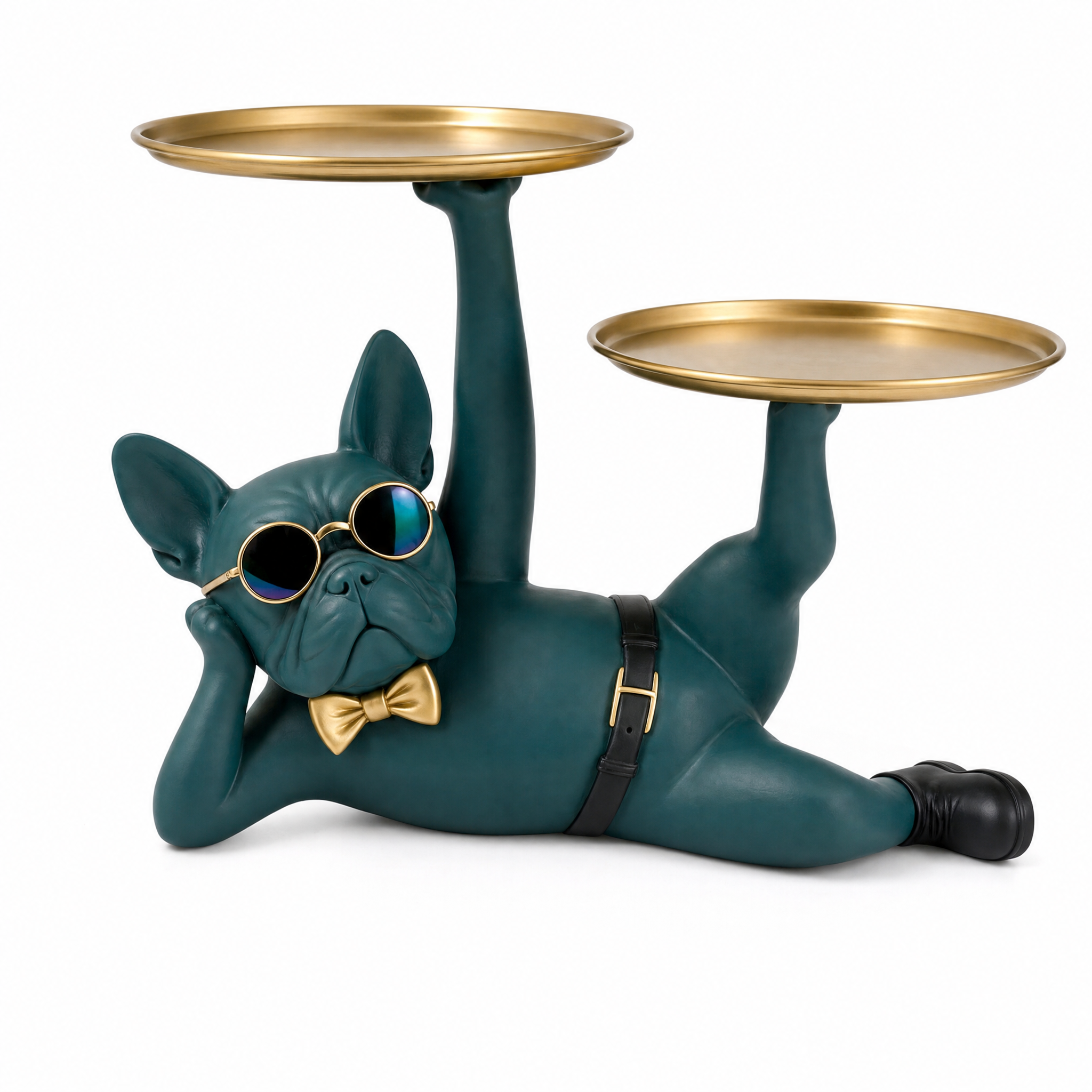 Dolce teal-green lounging bulldog statue with two gold trays on white