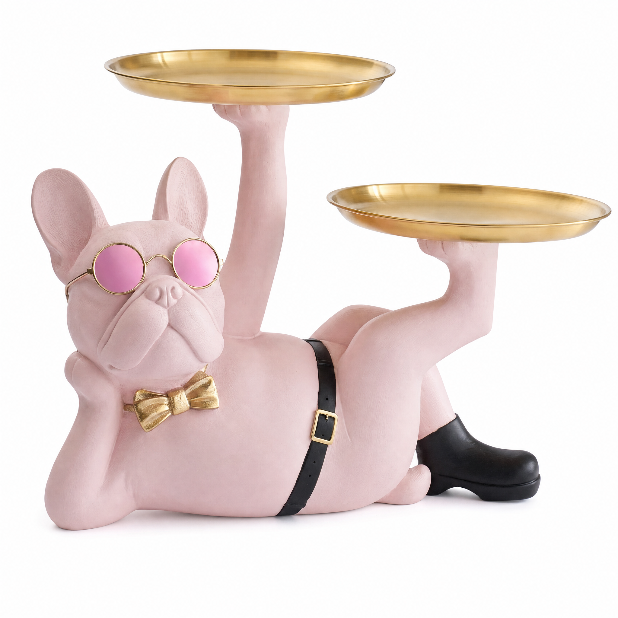 Dolce blush-pink lounging bulldog statue with two gold trays on white