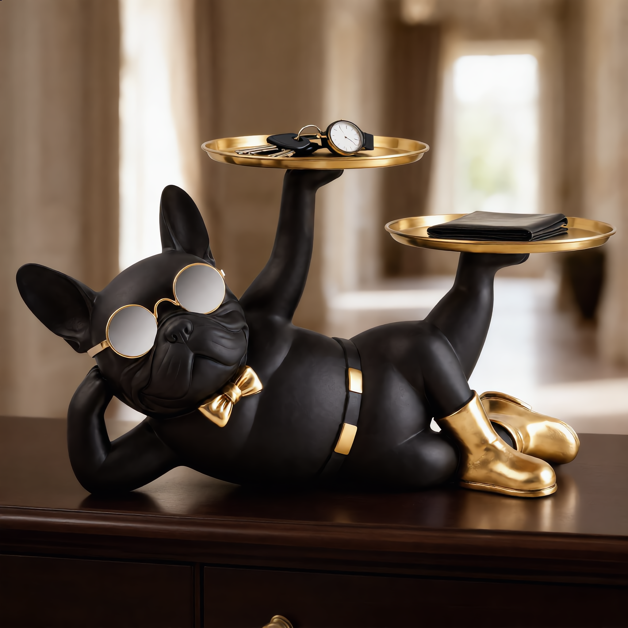 Black lounging bulldog statue on entryway console holding keys and watch
