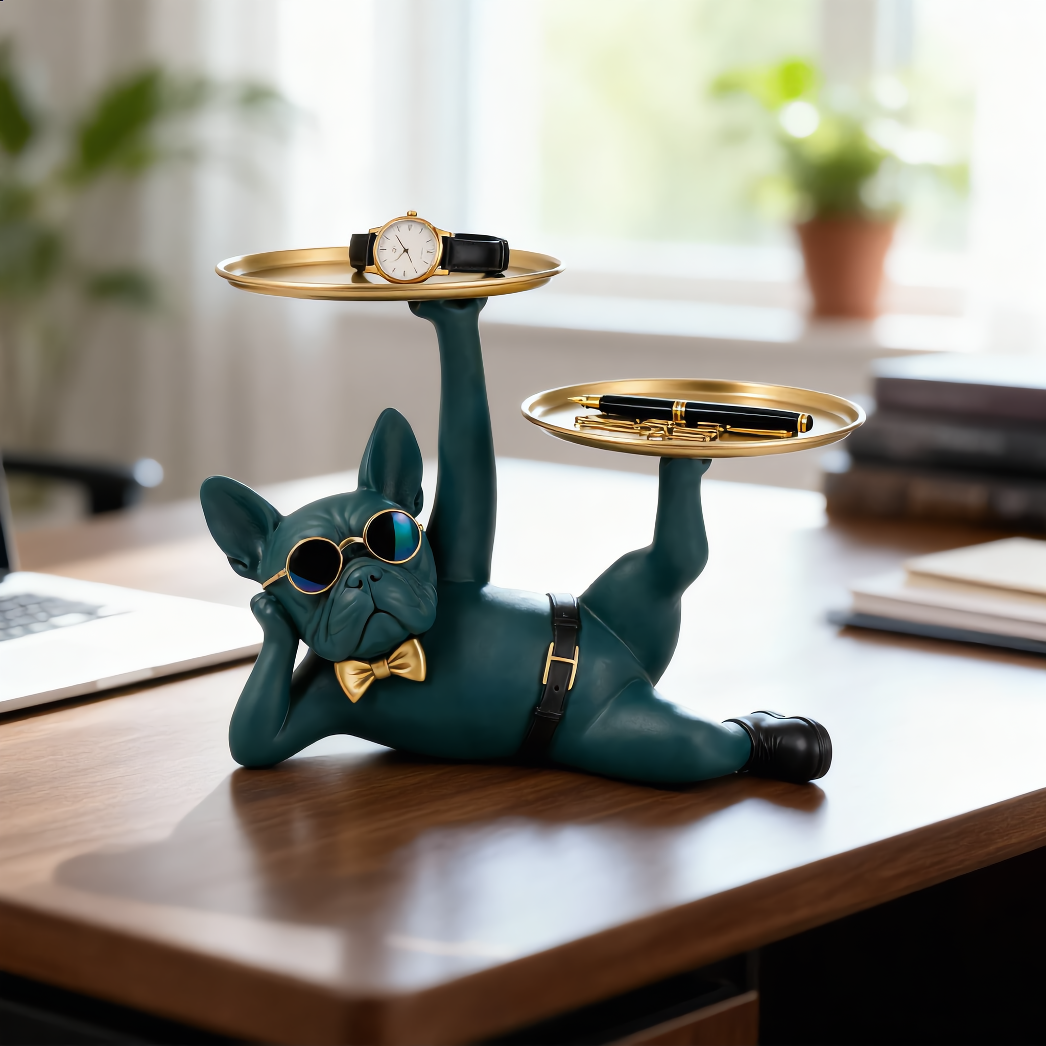 Green lounging bulldog statue on home office desk holding a watch and pen