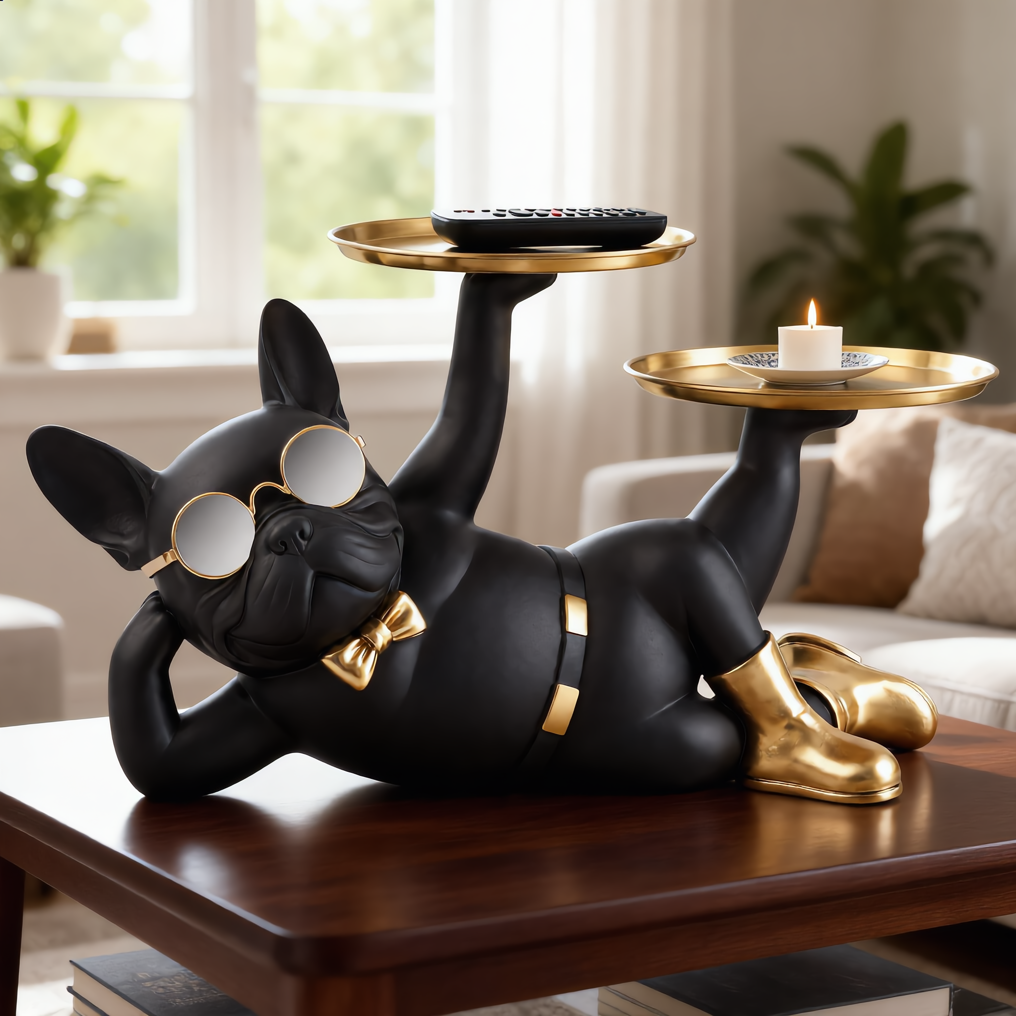 Black lounging bulldog statue on living room coffee table with remote and candle