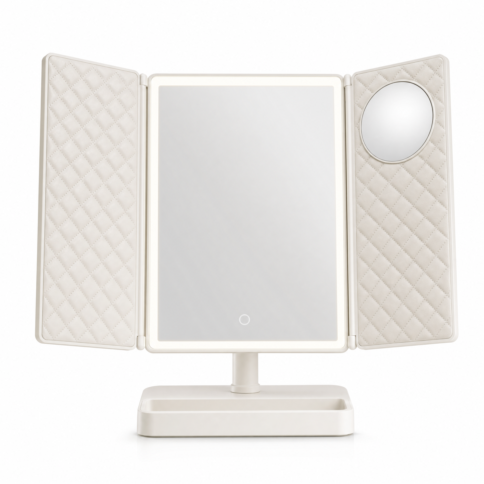 Lumina trifold lighted makeup mirror open with natural-white light on white