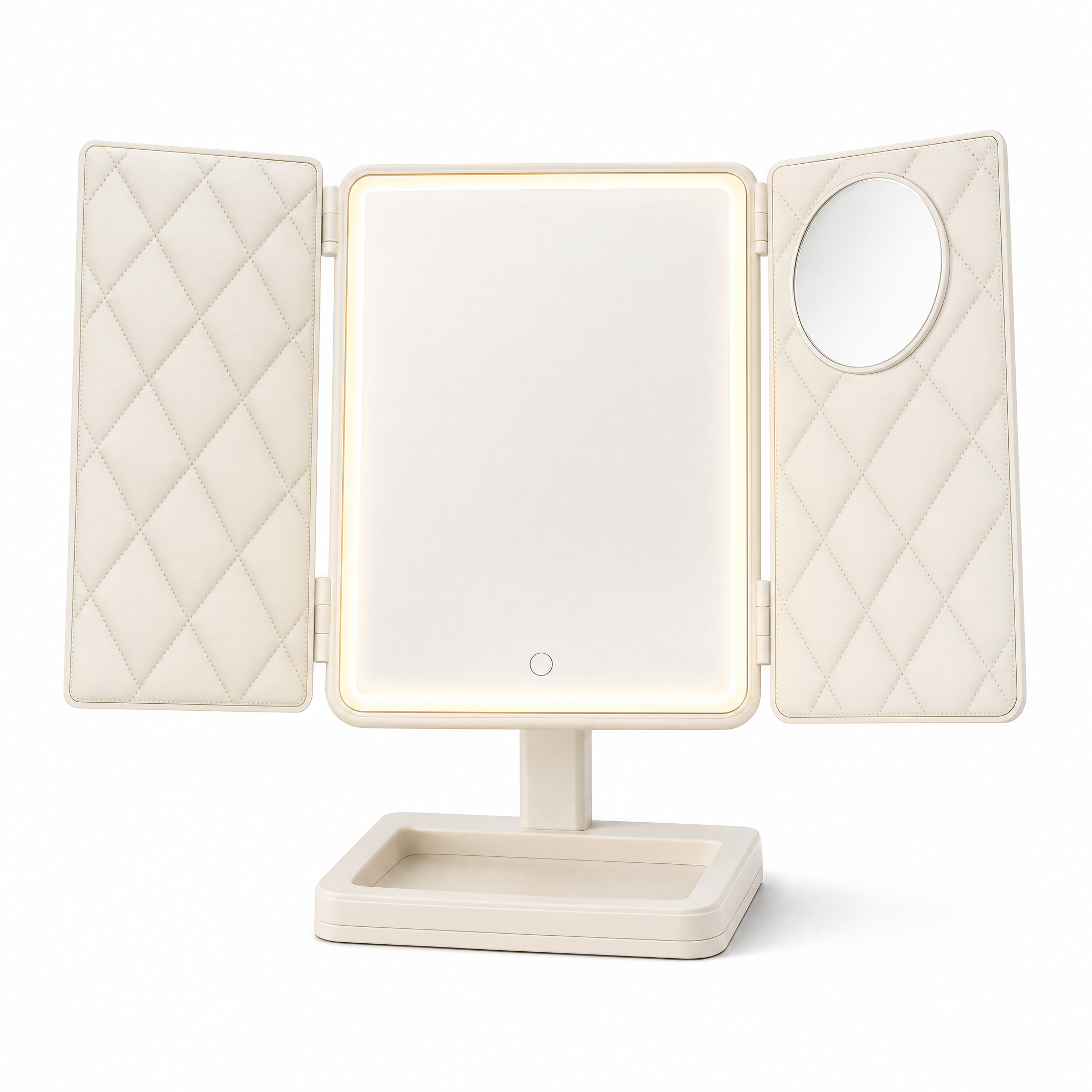 Lumina trifold lighted makeup mirror open with warm-white glow on white