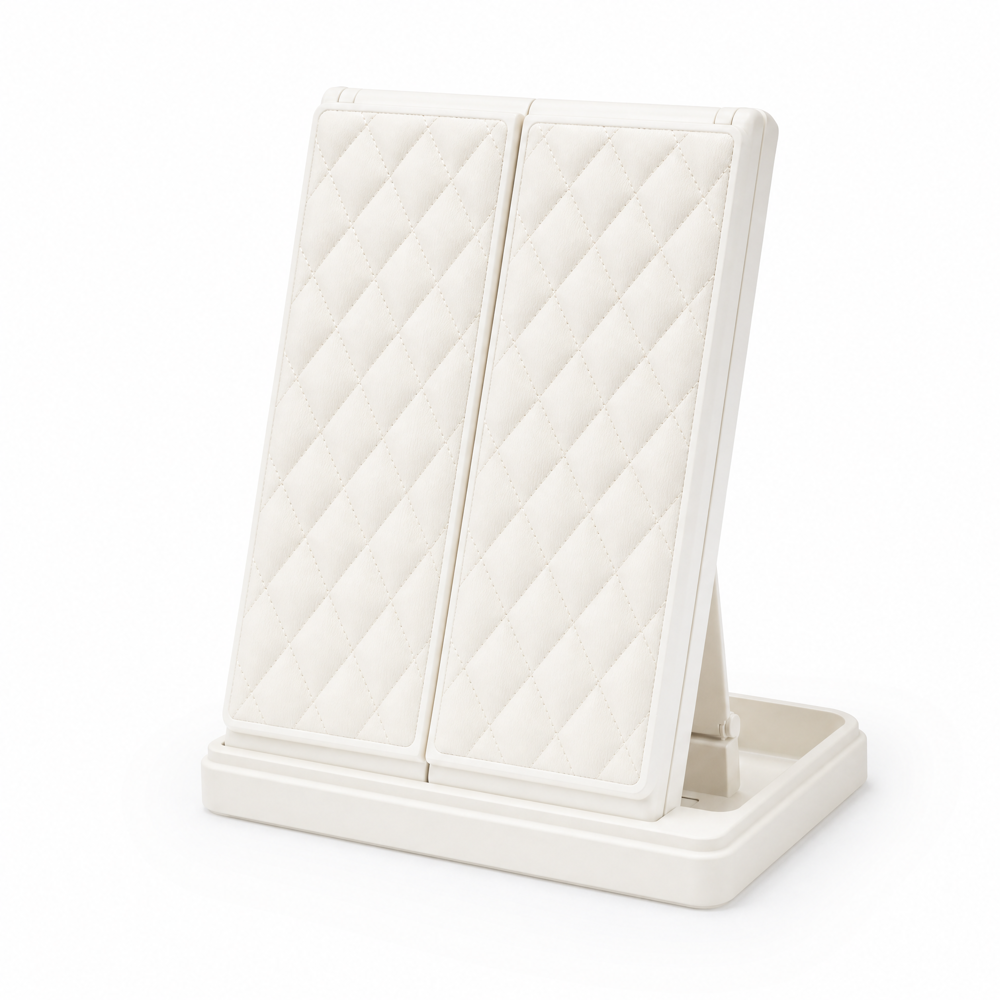 Lumina trifold makeup mirror folded closed showing quilted panels and base