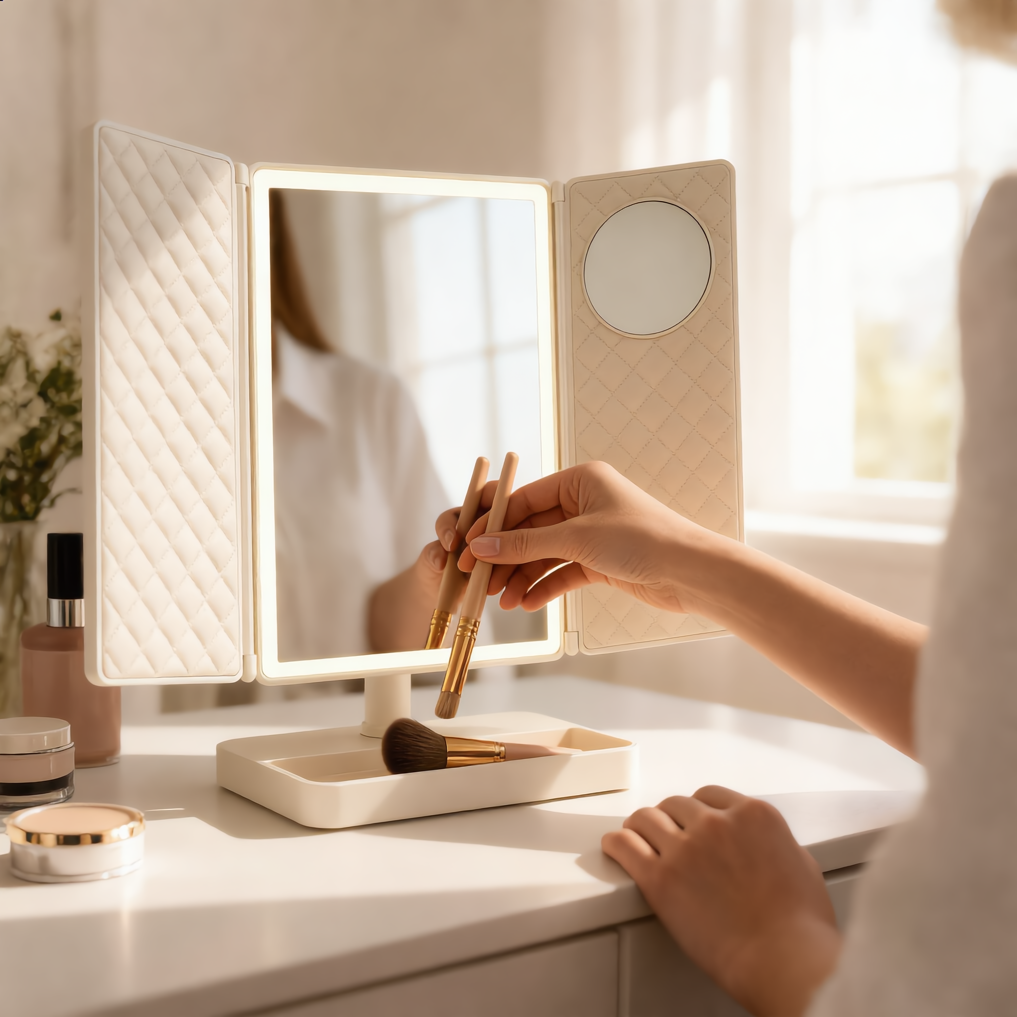 Woman using the lit trifold mirror and taking a brush from the base tray
