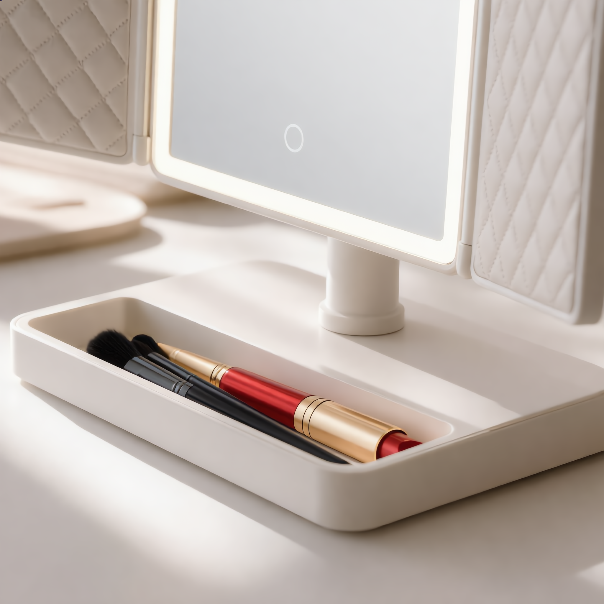 Close-up of lit mirror panel, touch sensor and base storage tray with brushes