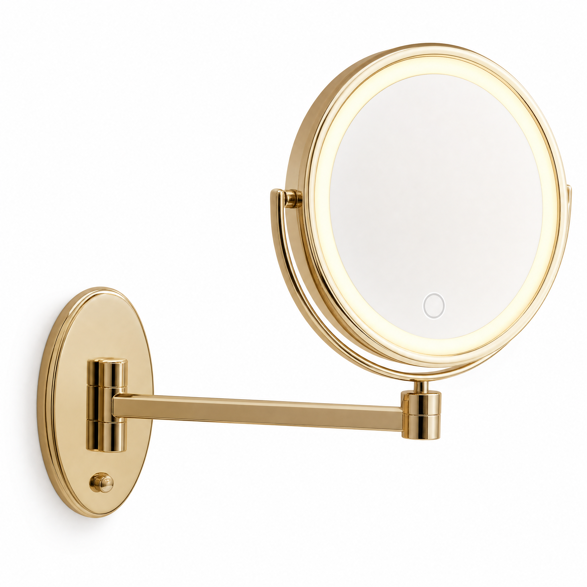 Aurora gold LED magnifying mirror with warm light on white