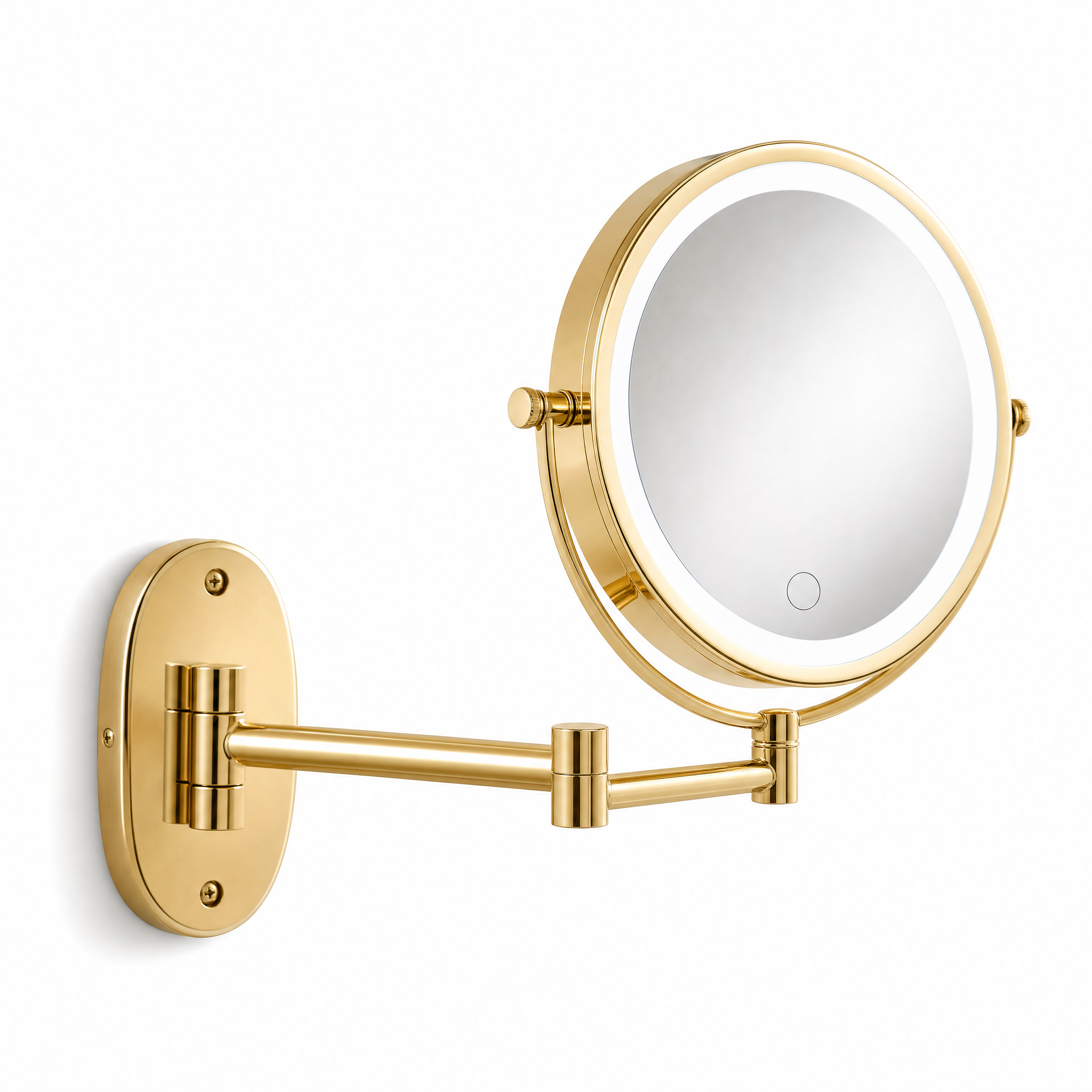 Aurora gold LED magnifying mirror with cool light on white