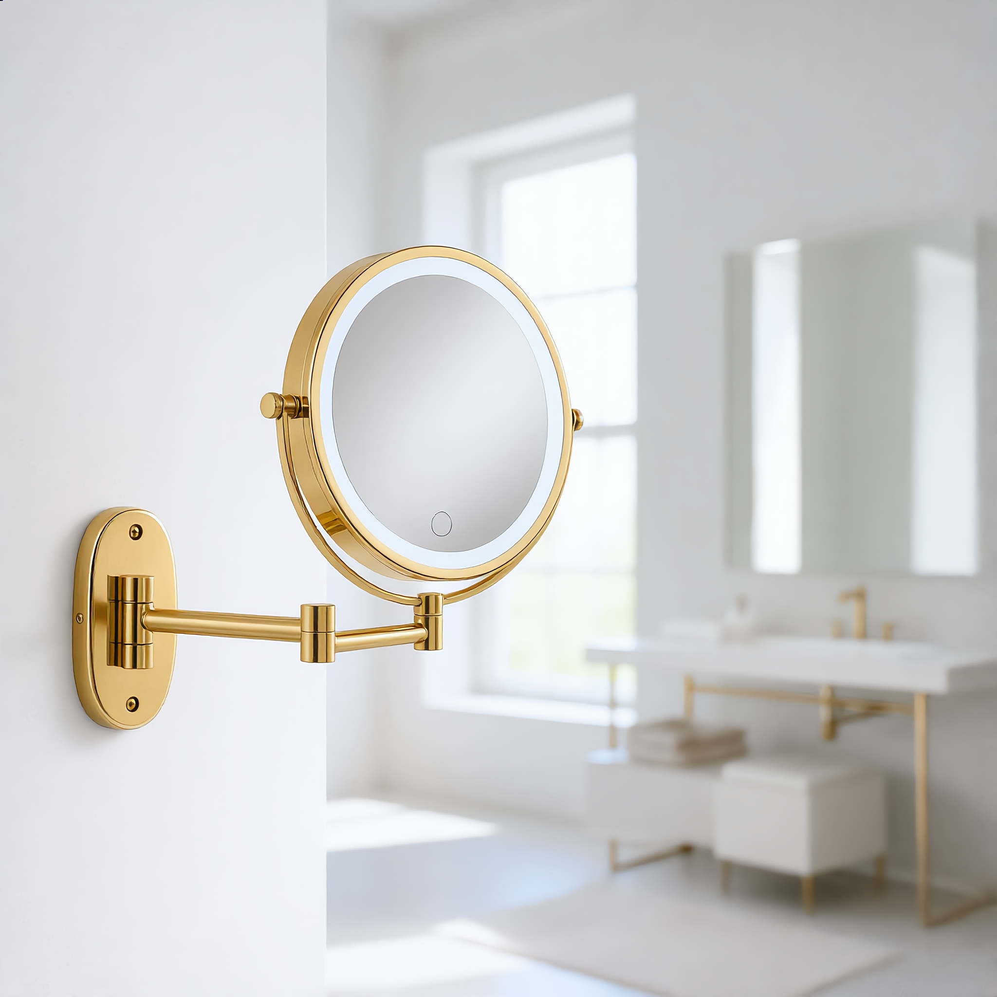 Gold LED mirror with cool daylight in a bright modern bathroom