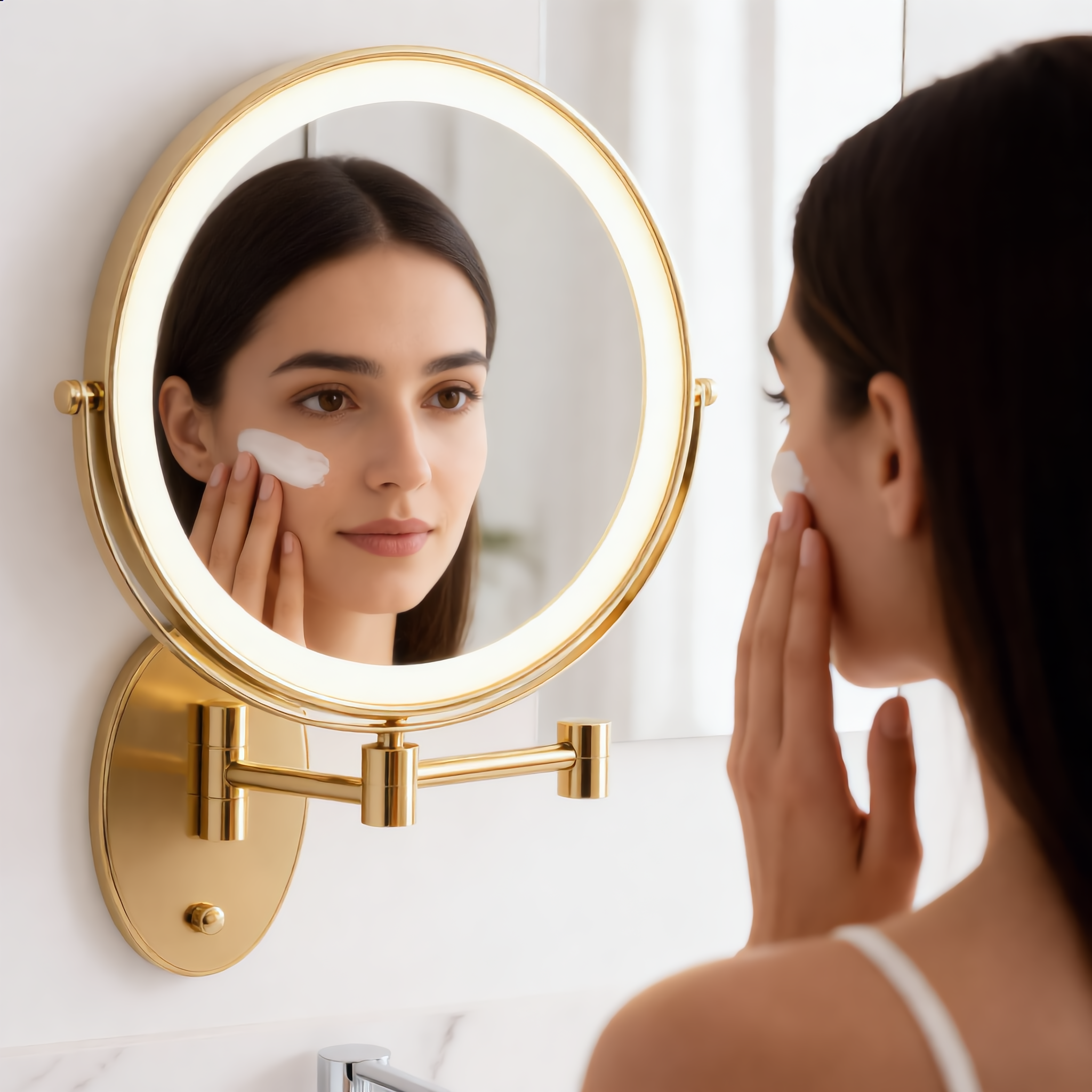 Woman applying skincare using the gold LED magnifying mirror