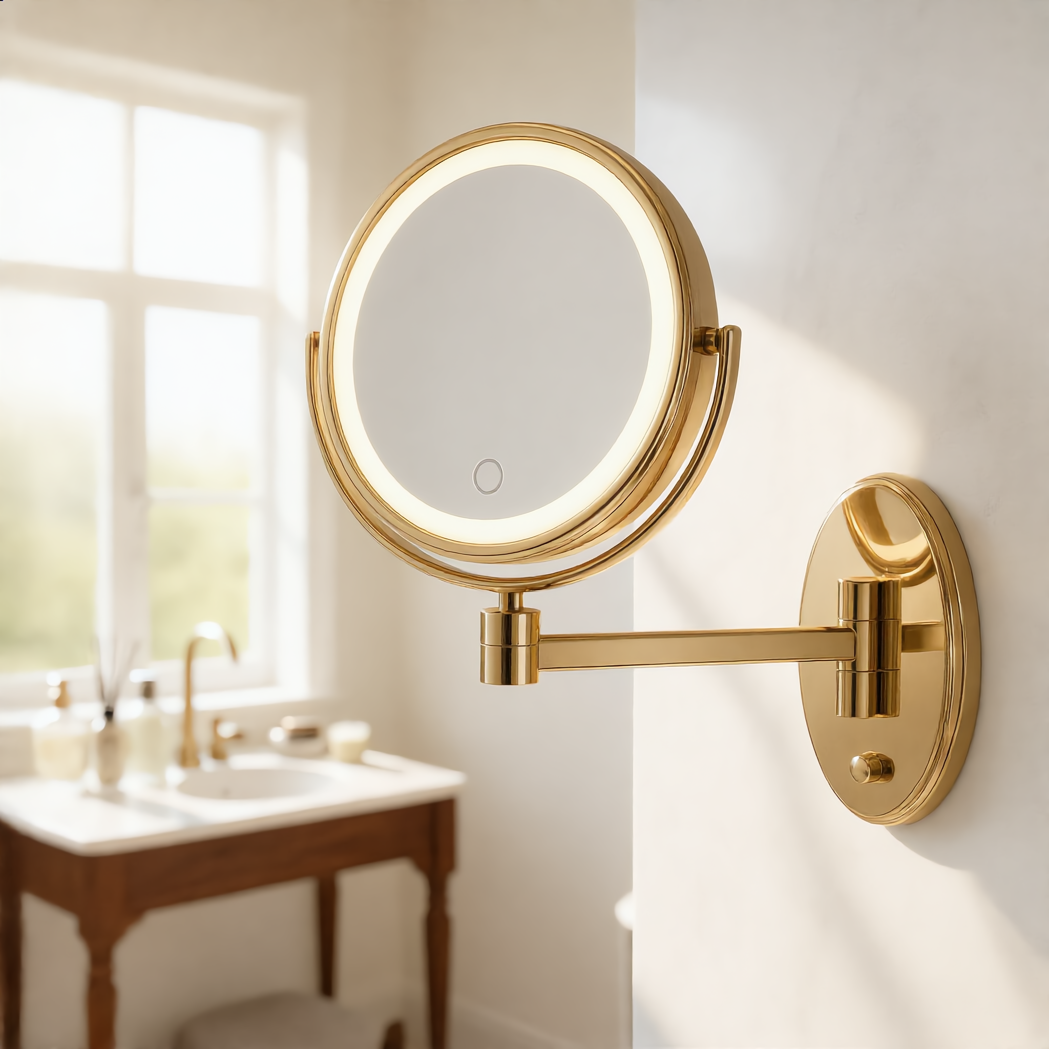 Gold LED mirror with warm glow on a marble bathroom wall