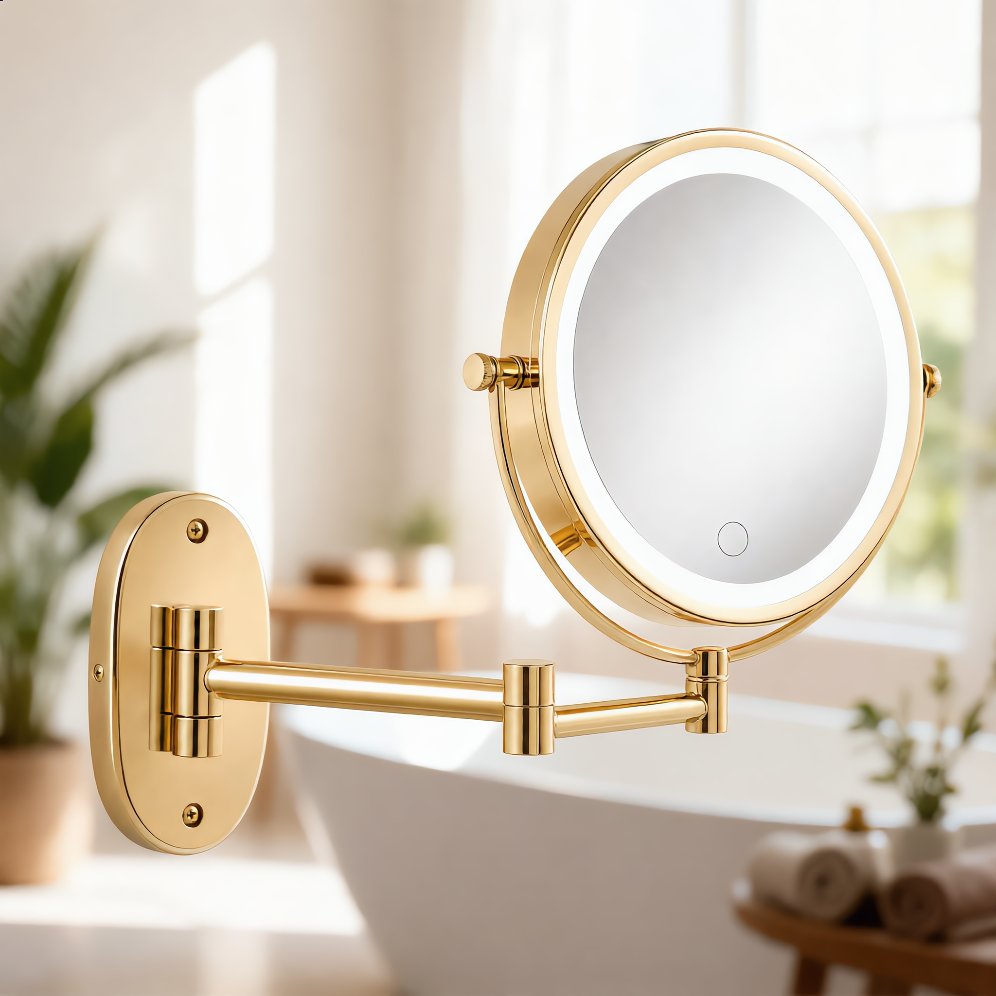 Gold LED mirror in a serene spa bathroom near a freestanding tub