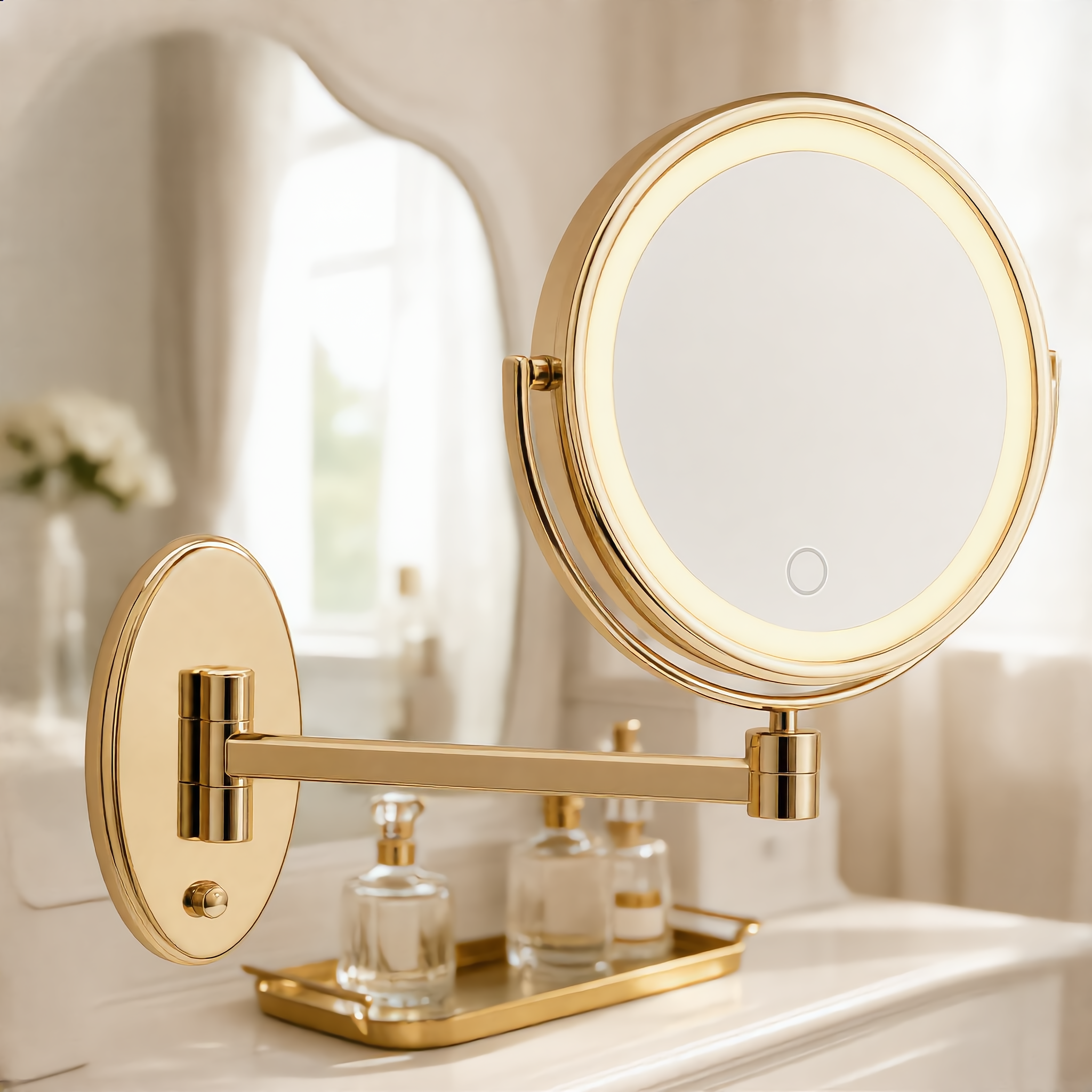 Gold LED mirror above a vanity styled with perfume bottles