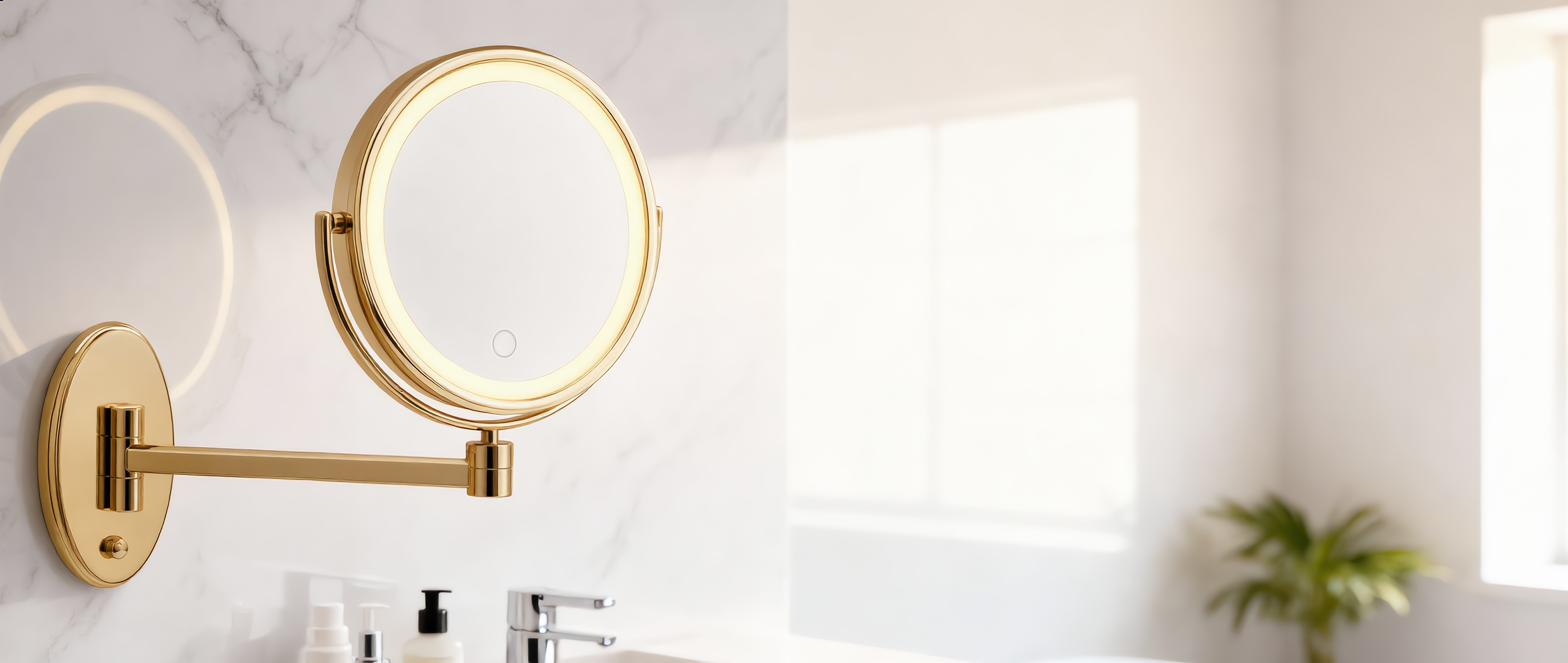 Aurora gold LED magnifying mirror cinematic bathroom banner