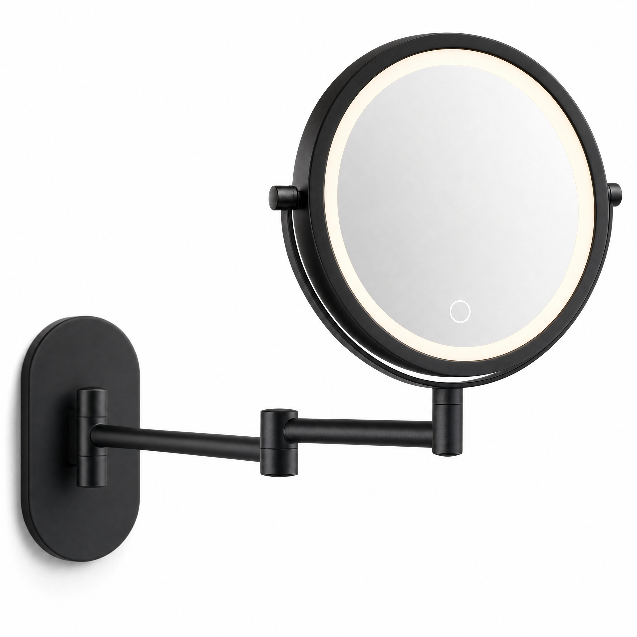 Eclisse black LED magnifying mirror with warm light on white