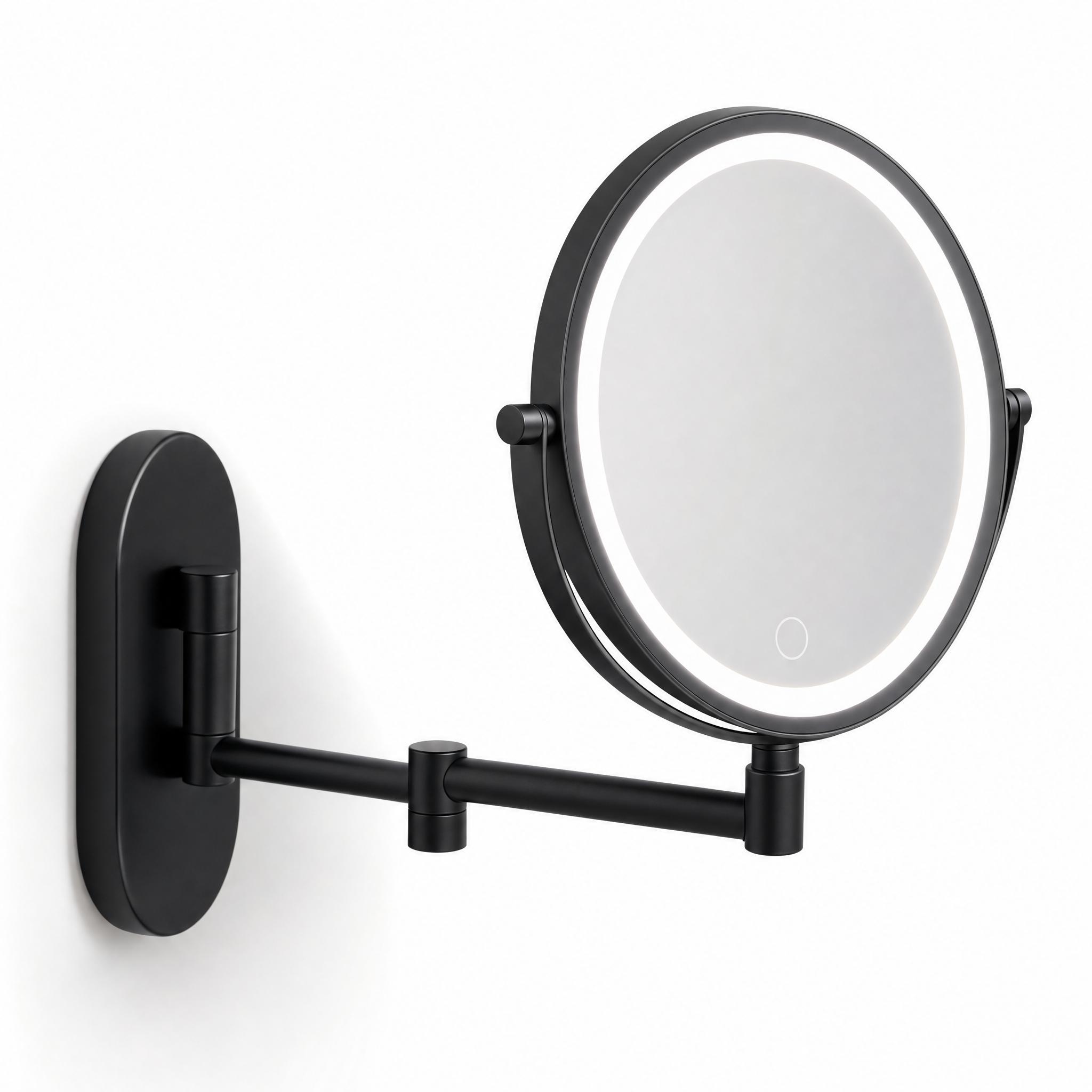 Eclisse black LED magnifying mirror with cool light on white