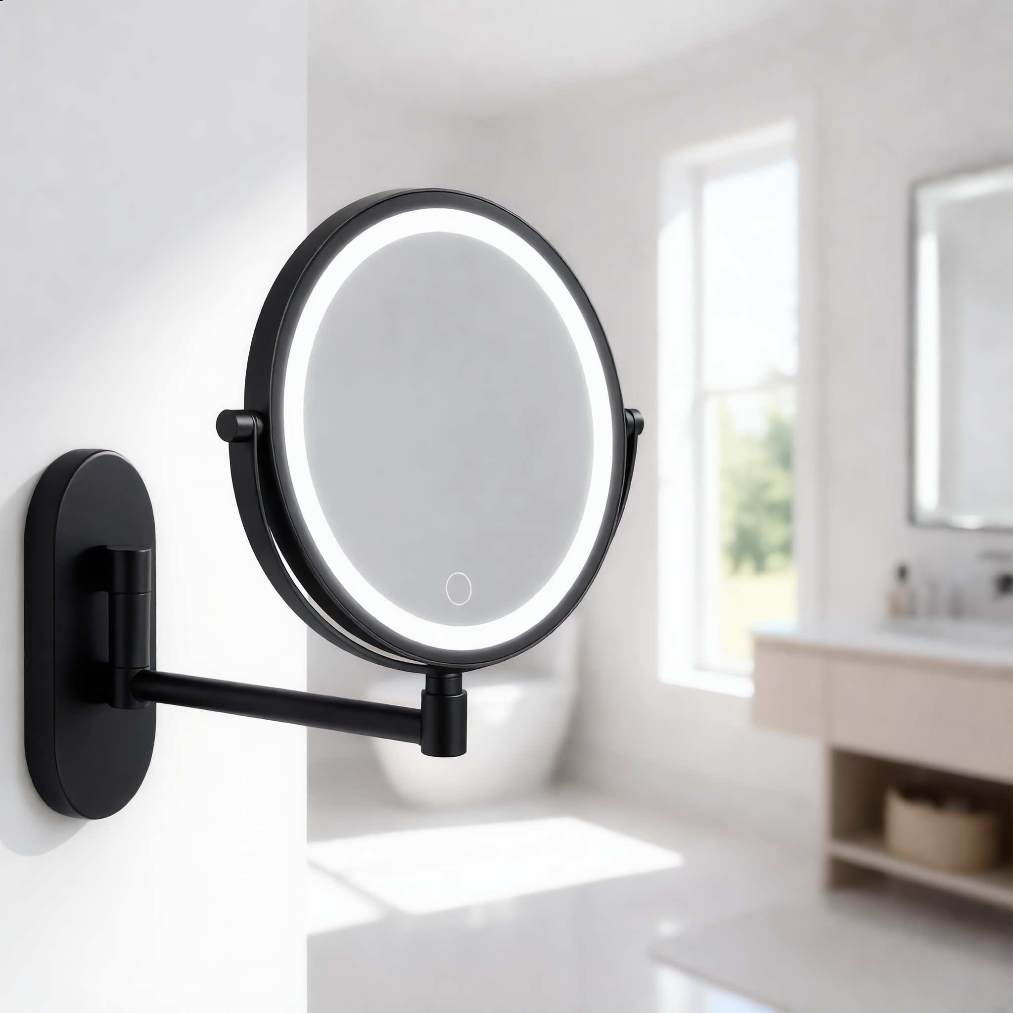Black LED mirror with cool daylight in a bright modern bathroom