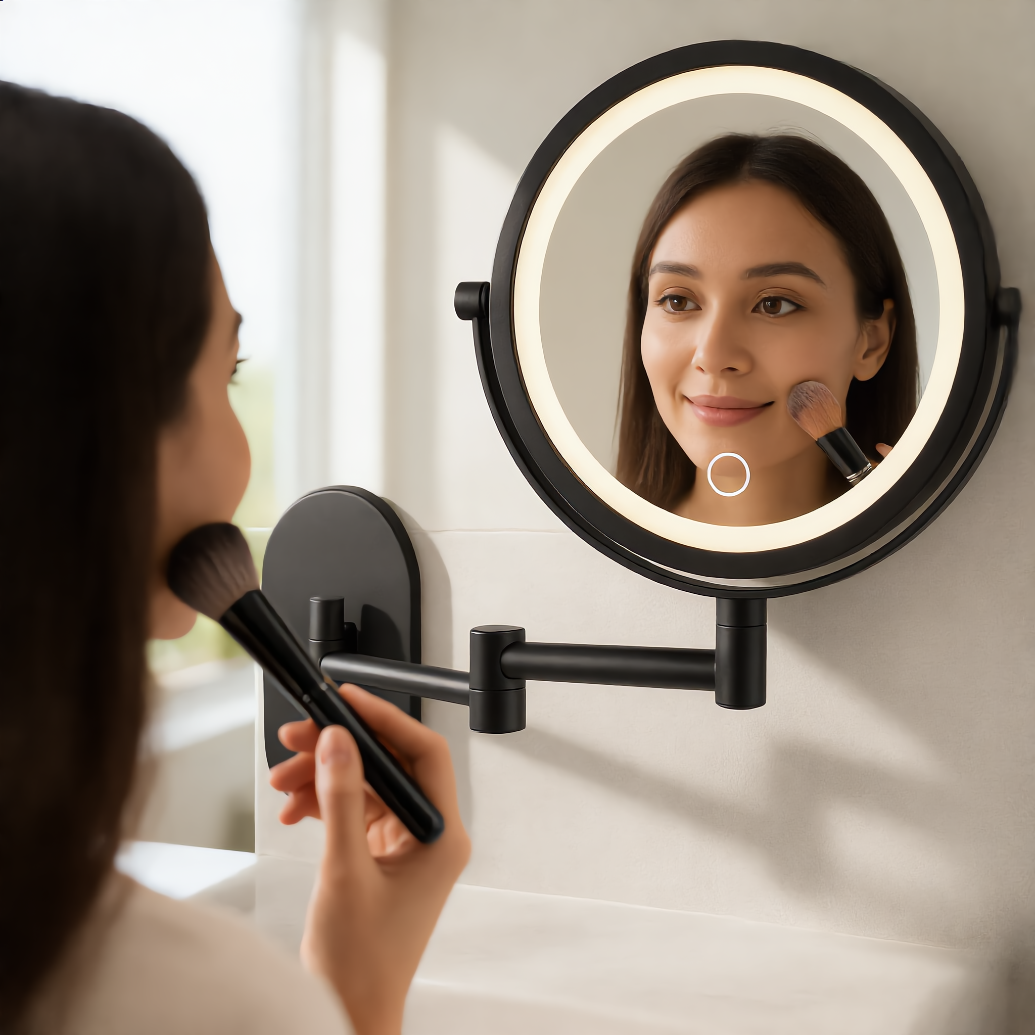 Woman applying makeup using the black LED magnifying mirror