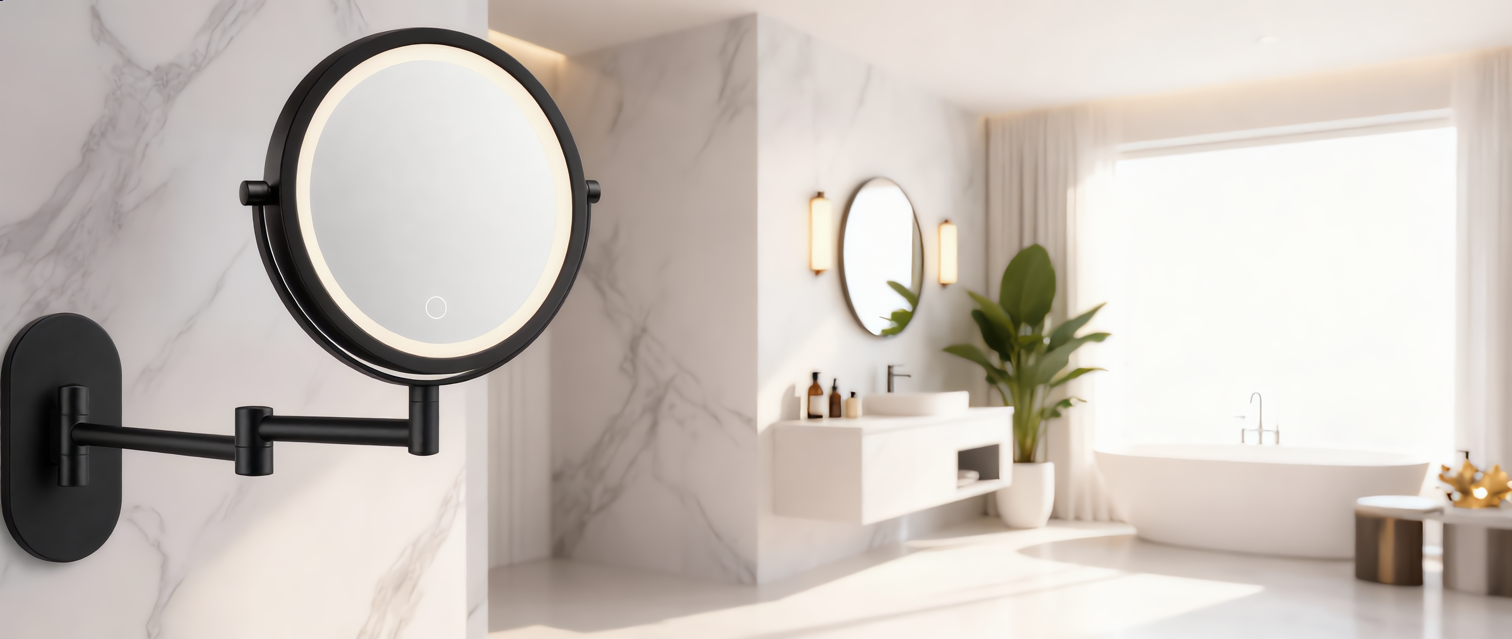 Eclisse black LED magnifying mirror cinematic bathroom banner