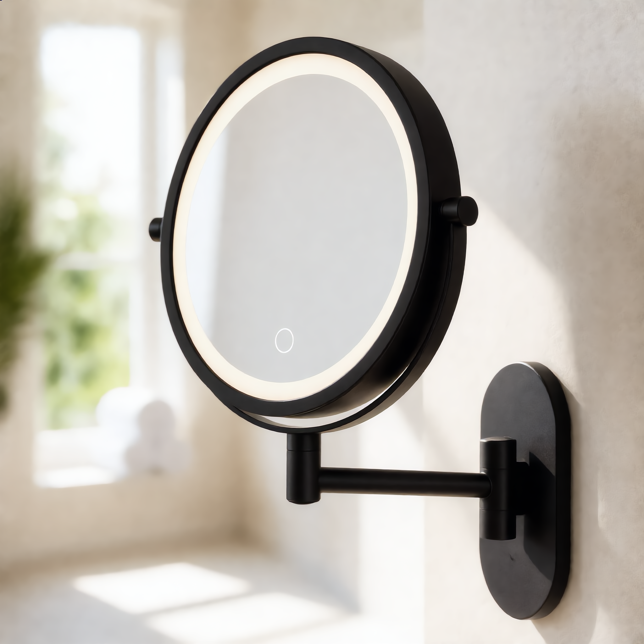 Black LED mirror in a bright airy stone bathroom by a sunny window