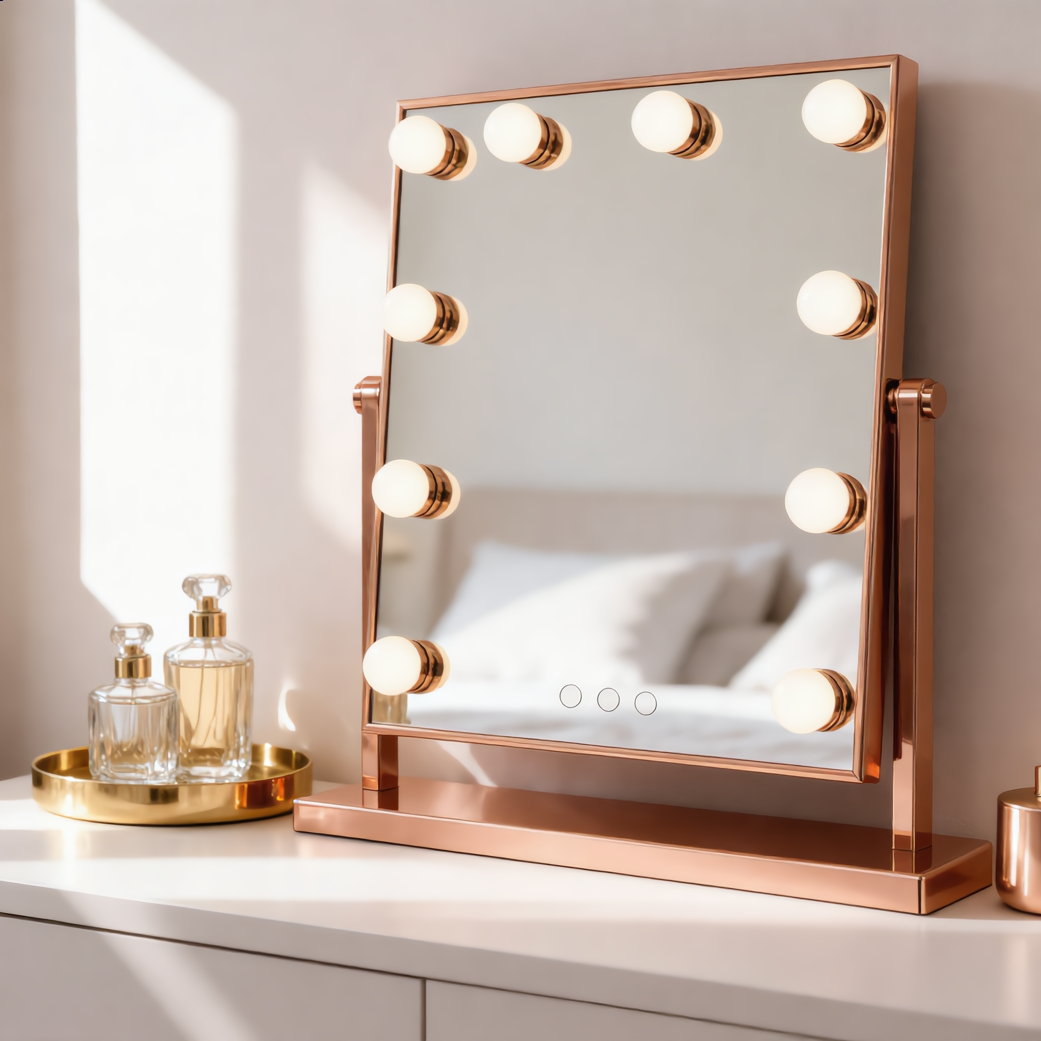 Rose gold Hollywood vanity mirror with lit bulbs on a chic vanity