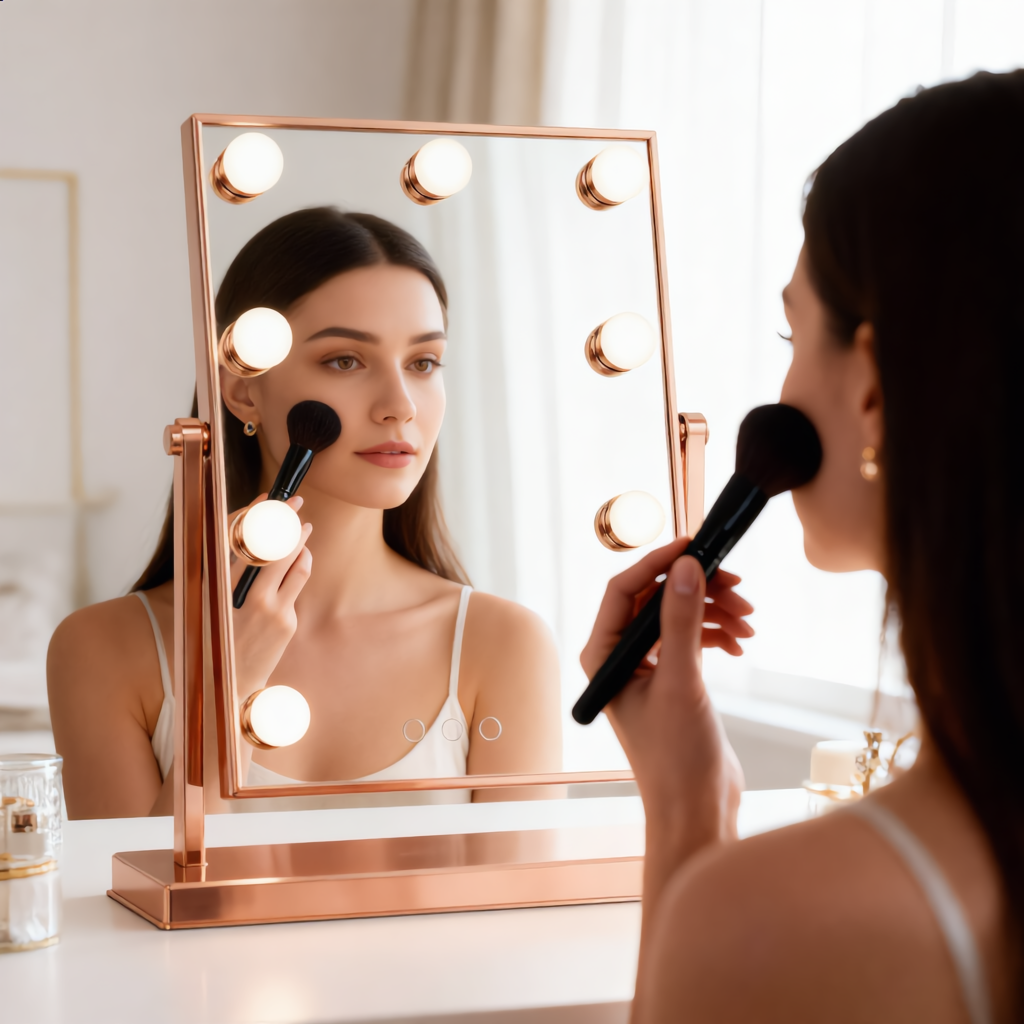 Woman applying makeup at the rose gold Hollywood vanity mirror