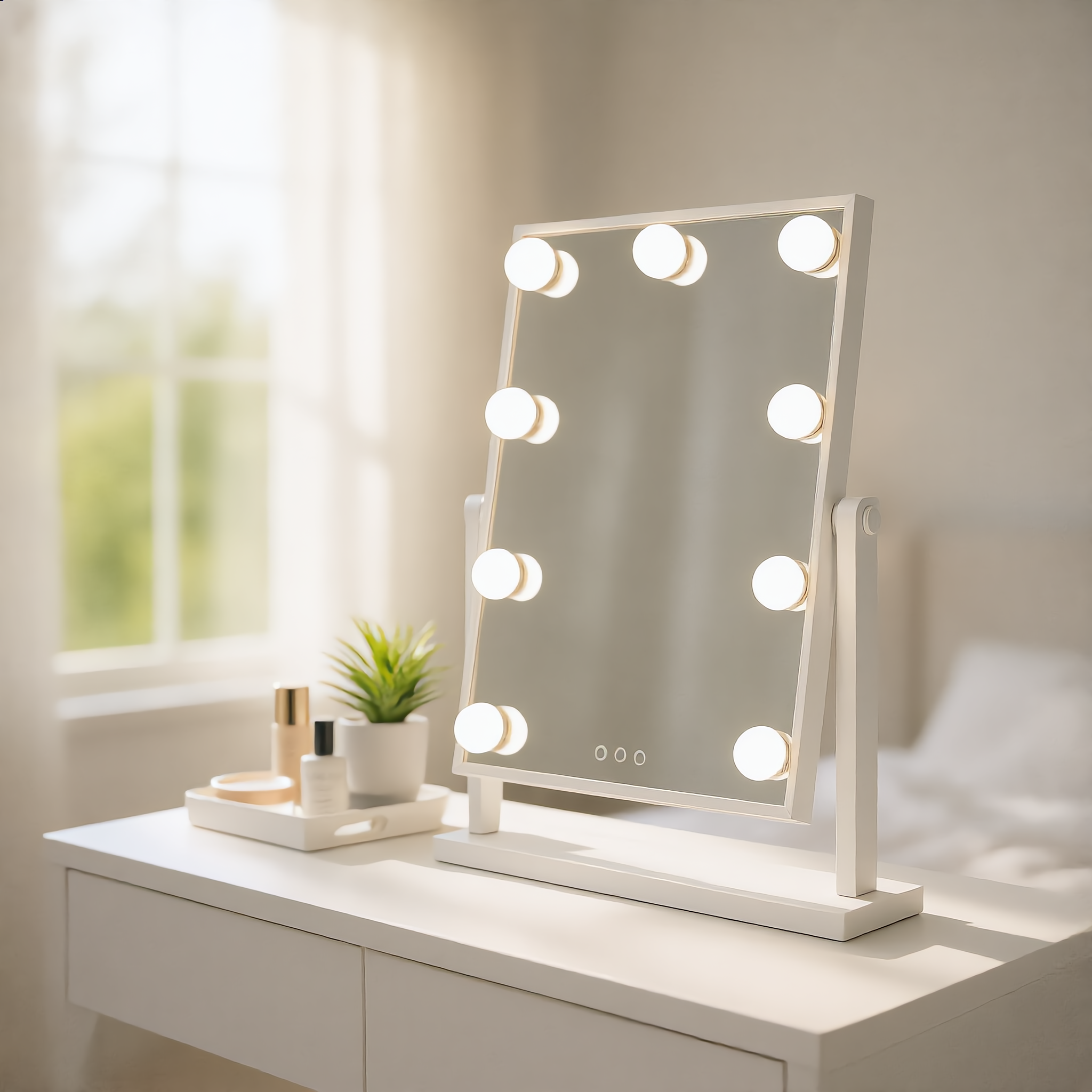 White Hollywood vanity mirror with cool-white bulbs on a bright dresser