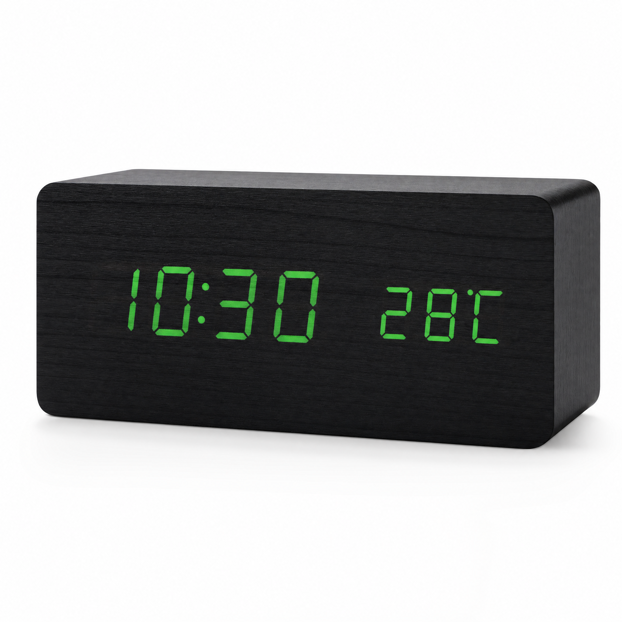 Tempo black wooden LED alarm clock with green display on white