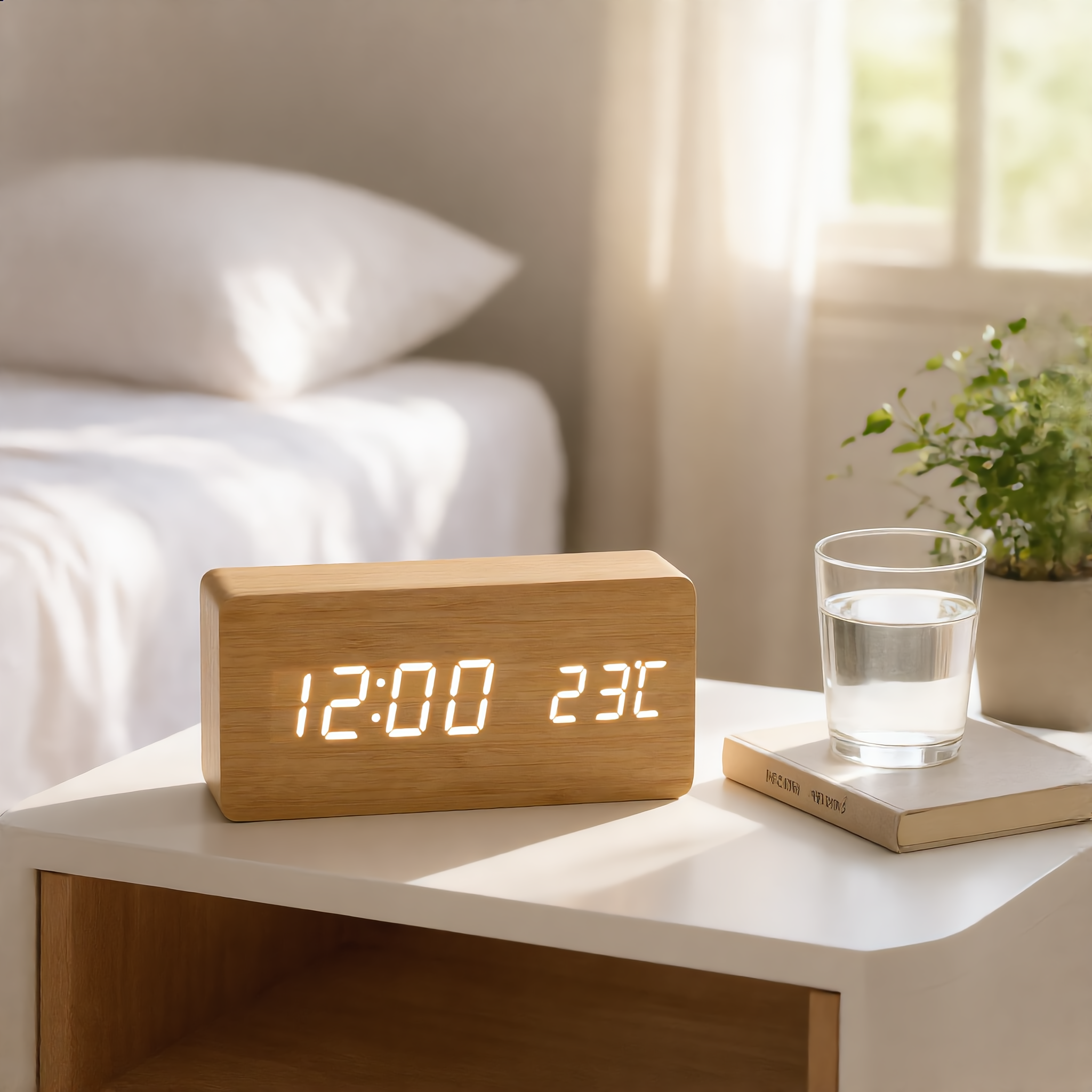 Bamboo wooden LED clock on a bright bedside table