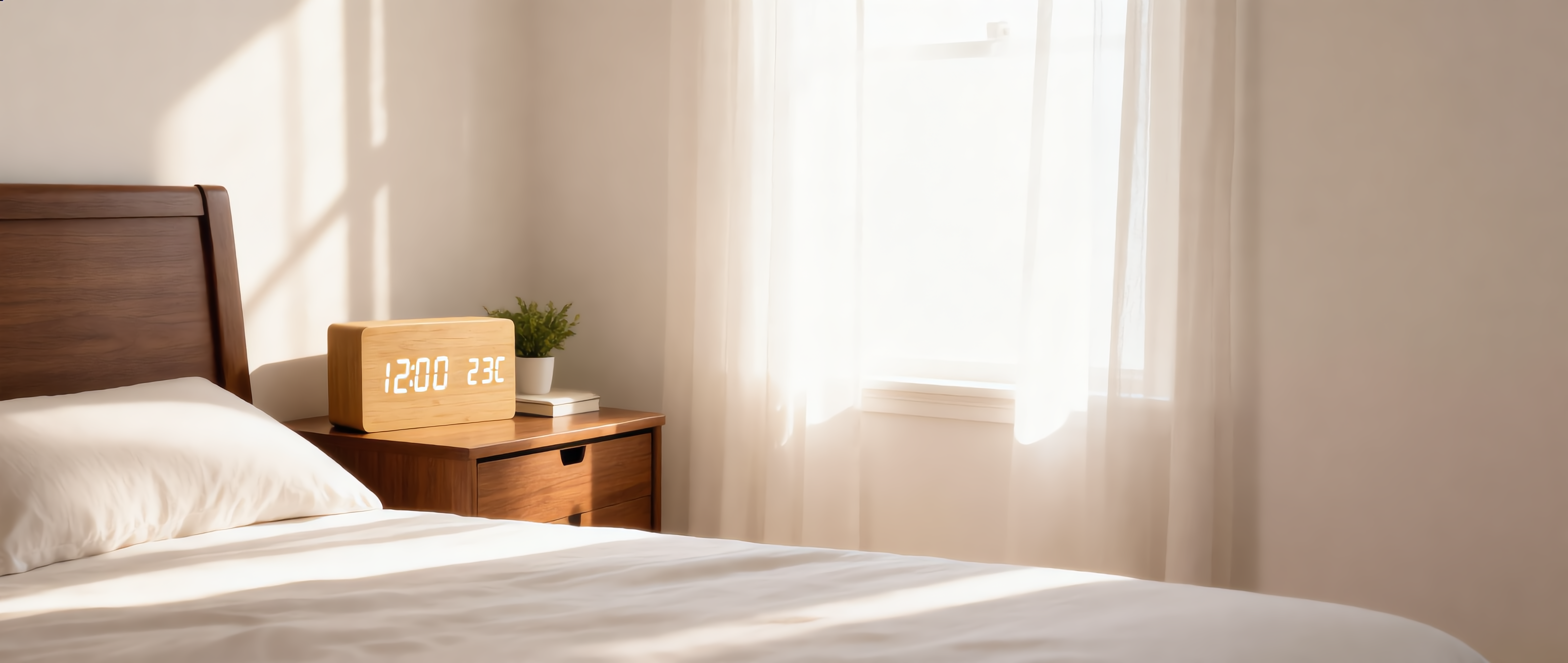 Tempo bamboo wooden LED alarm clock cinematic bedroom banner