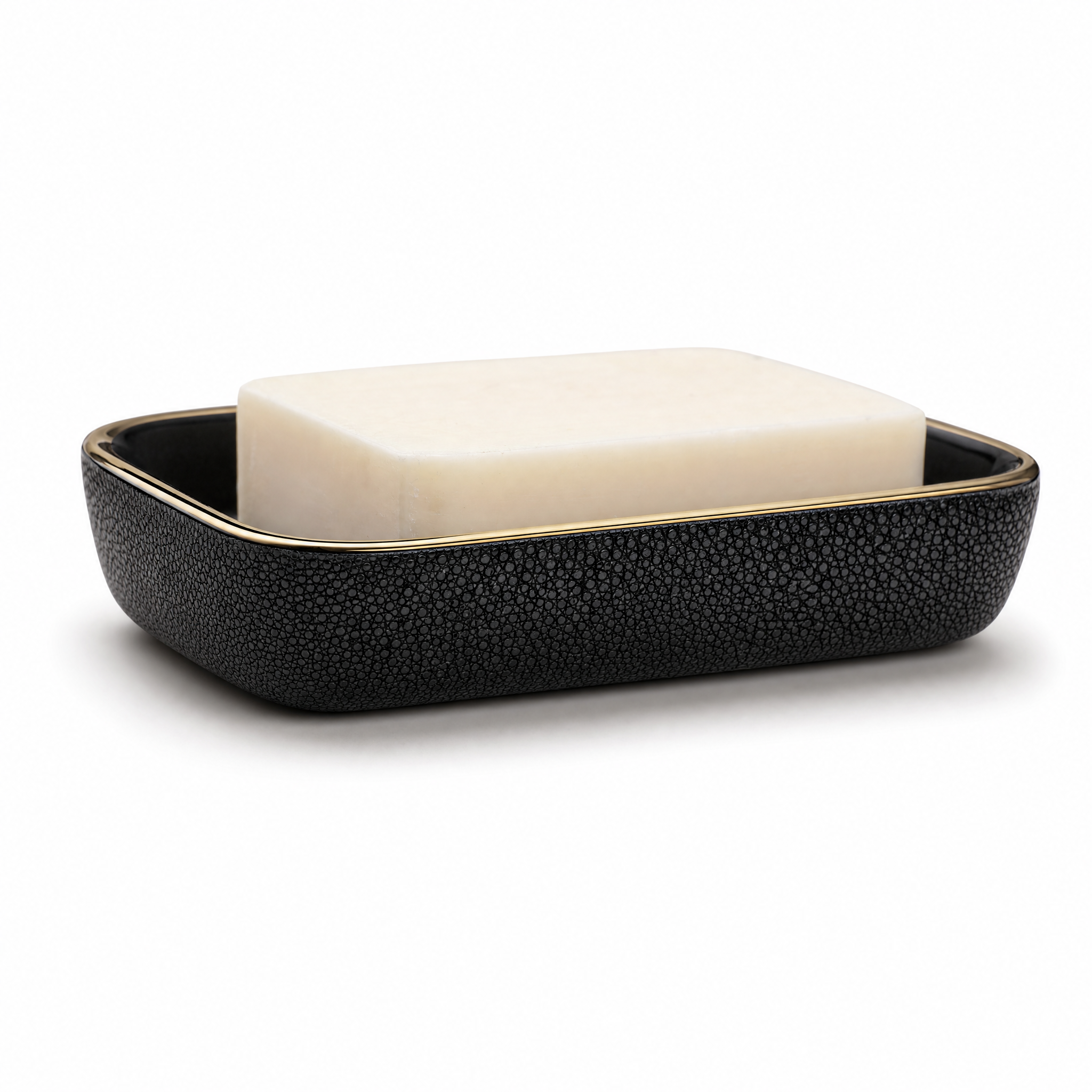 Charcoal-black ceramic soap dish with gold rim