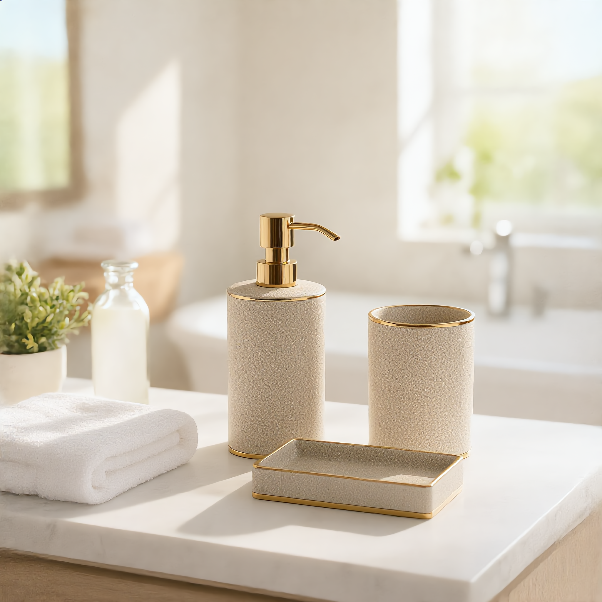 Champagne ceramic bathroom set on a bright marble vanity