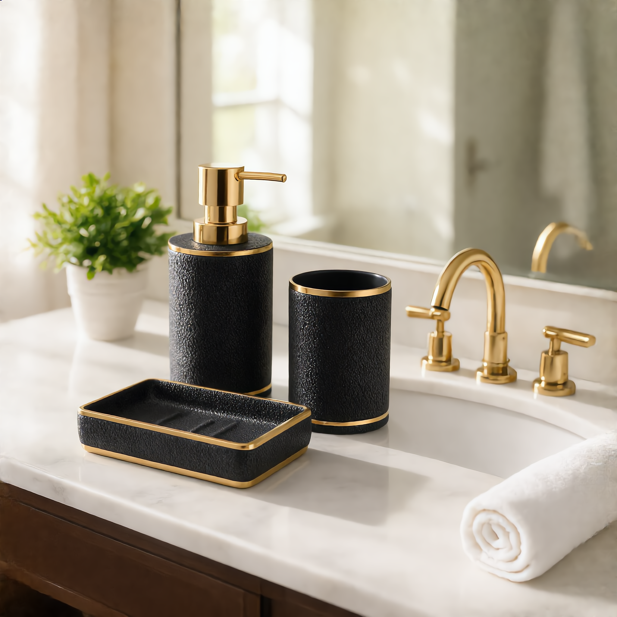 Black ceramic bathroom set on a modern bathroom vanity