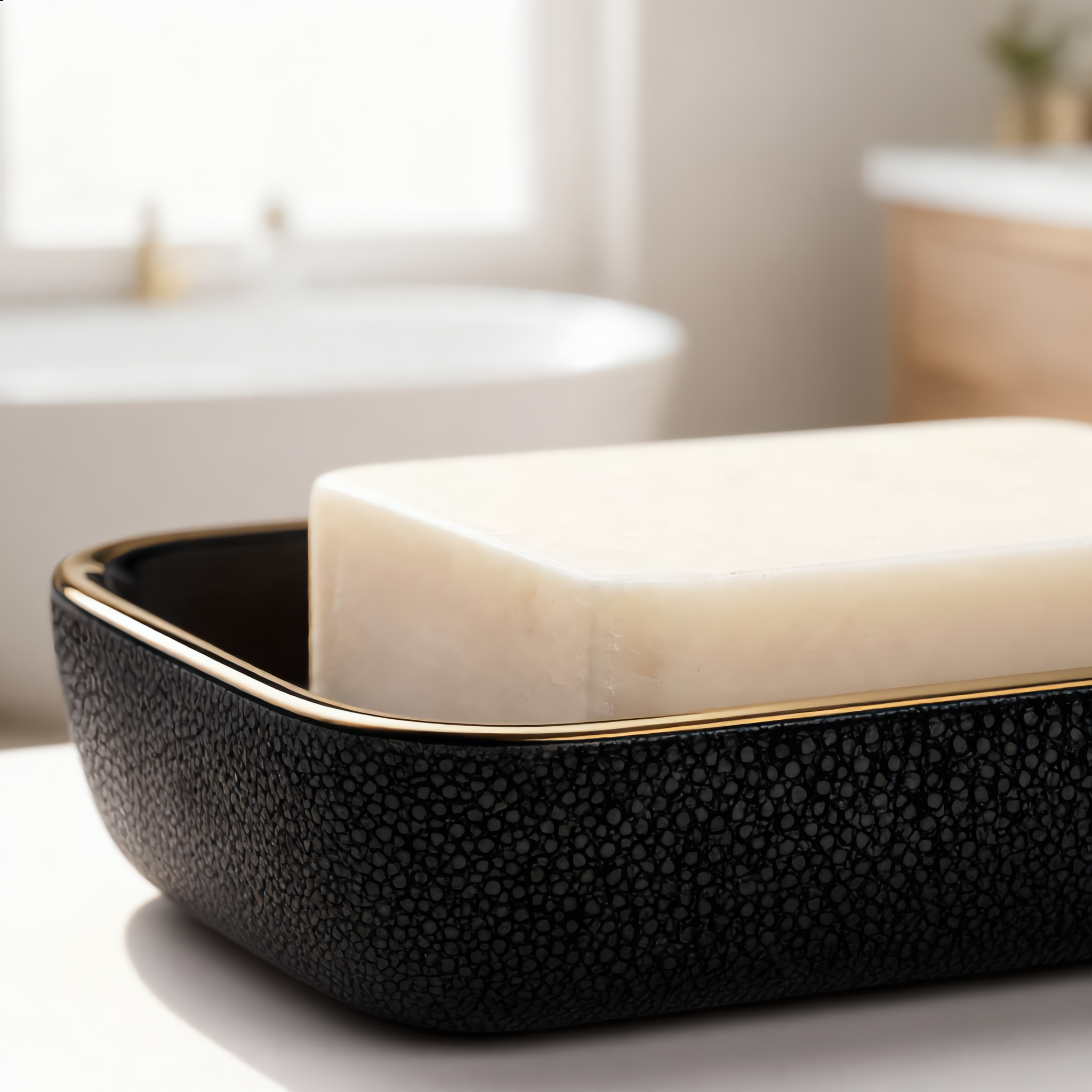 Close-up of the black ceramic soap dish with gold rim and soap