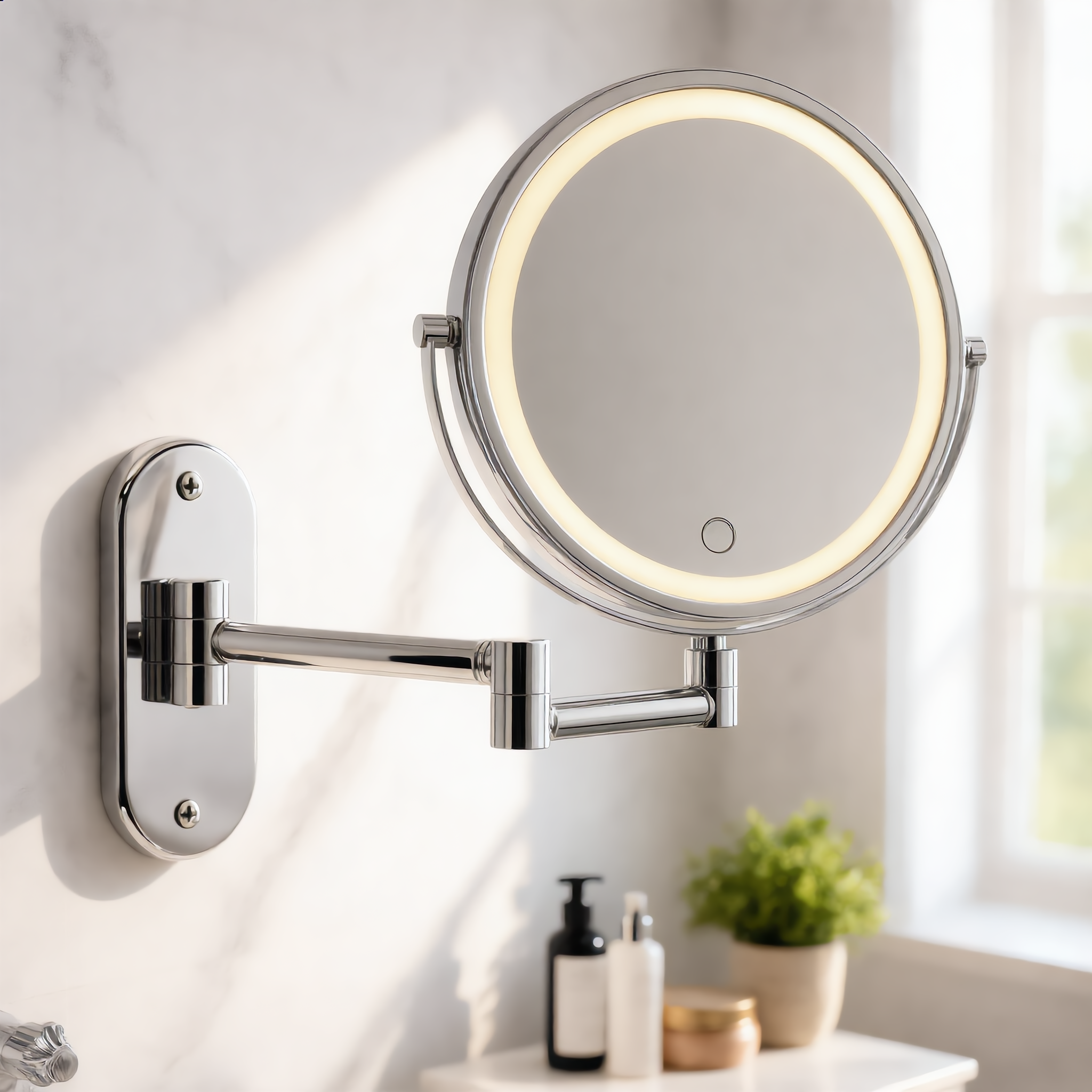 Silver LED vanity mirror on a marble bathroom wall, warm glow