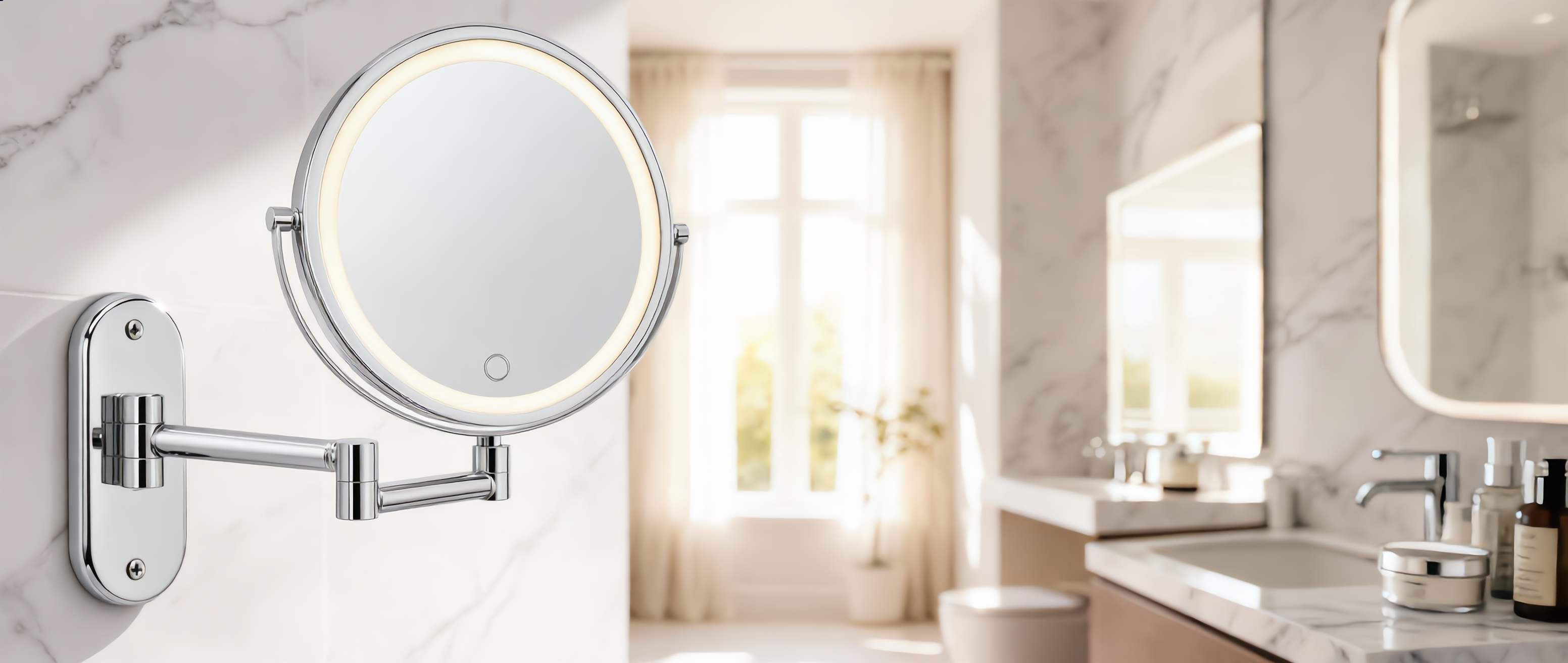 Lucente silver LED vanity mirror in a bright marble bathroom