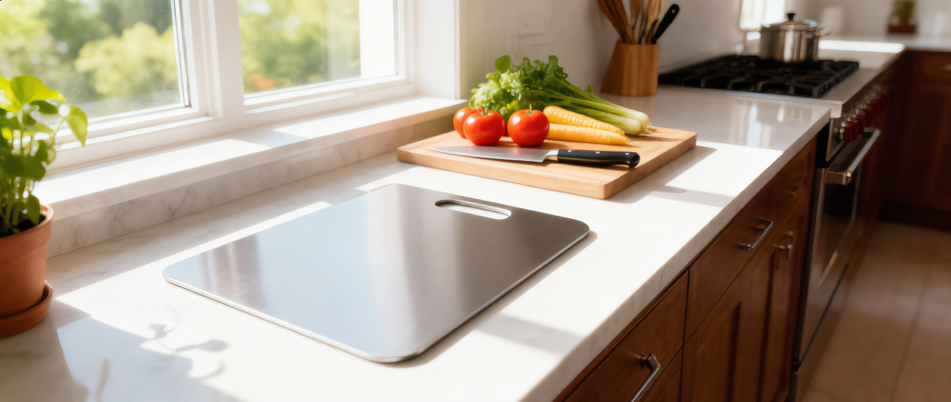 Forte stainless steel cutting board in a bright modern kitchen
