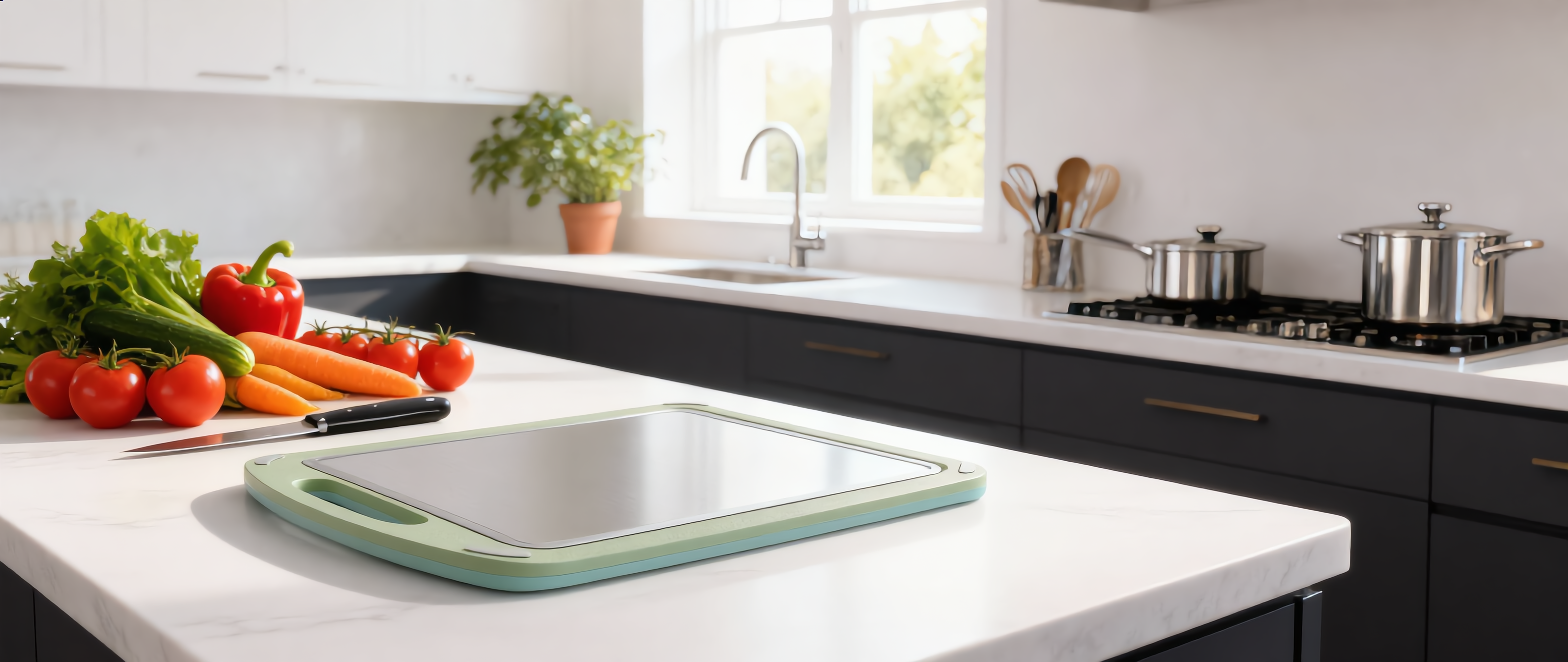 Duetto double-sided cutting board in a bright modern kitchen