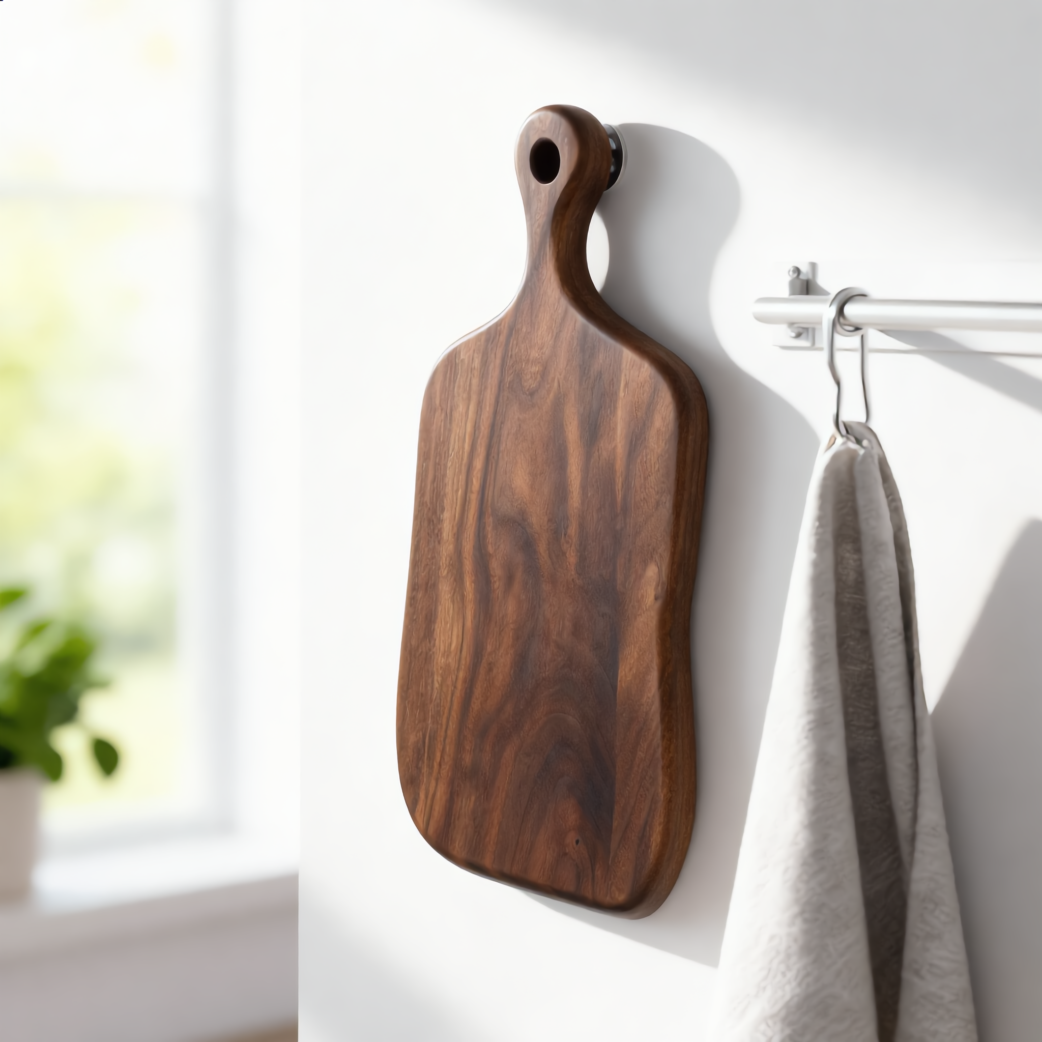 Walnut board hanging by its handle hole on a kitchen wall