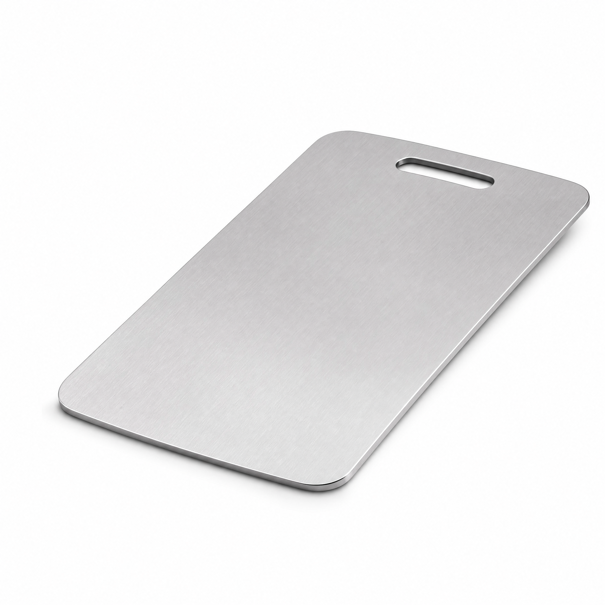Stainless steel cutting board angled view showing slim edge