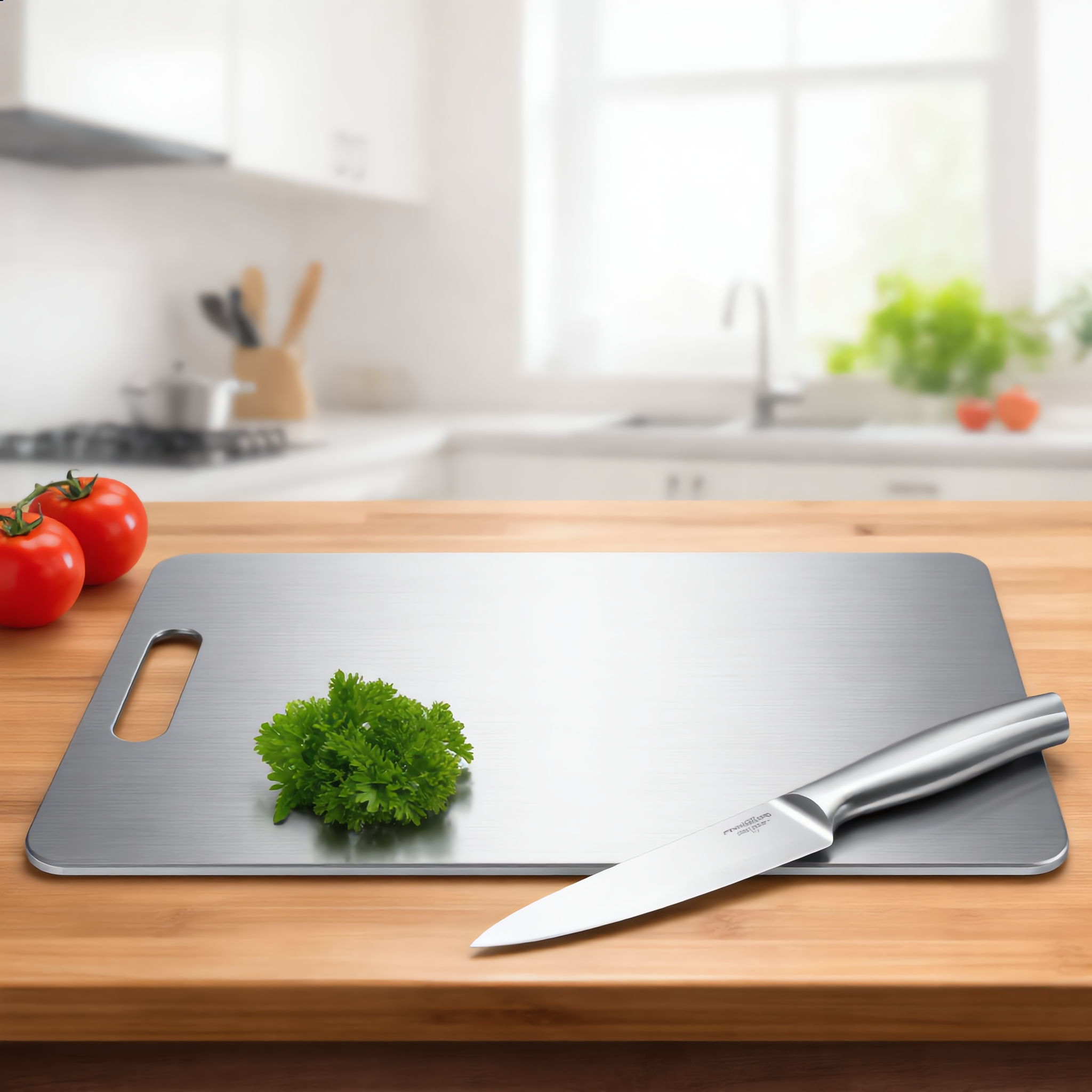 Steel cutting board on a wood counter with herbs and tomatoes