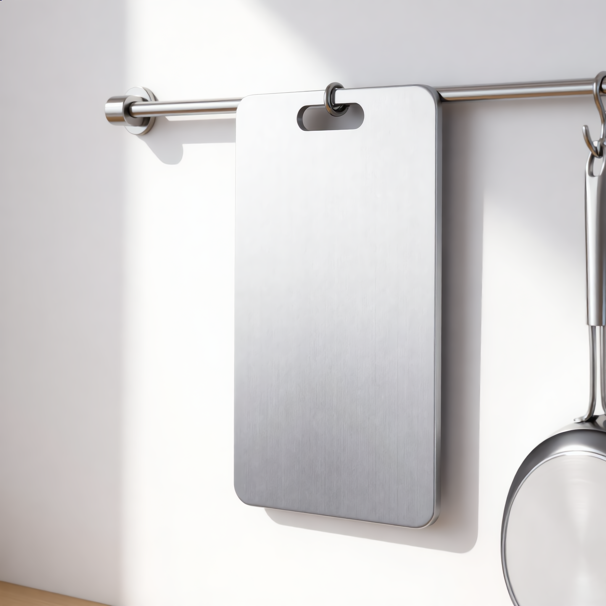 Steel cutting board hanging from a kitchen rail by its slot