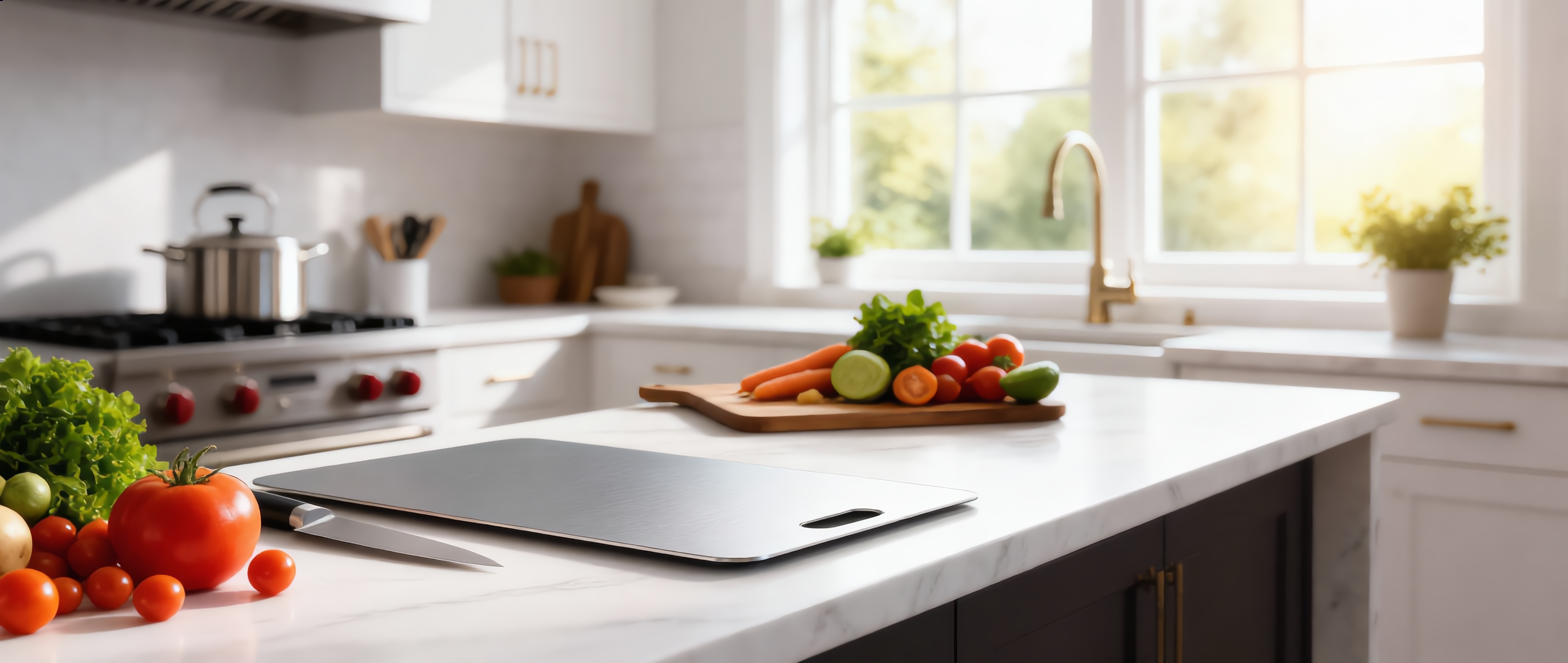 Puro stainless steel cutting board in a bright modern kitchen