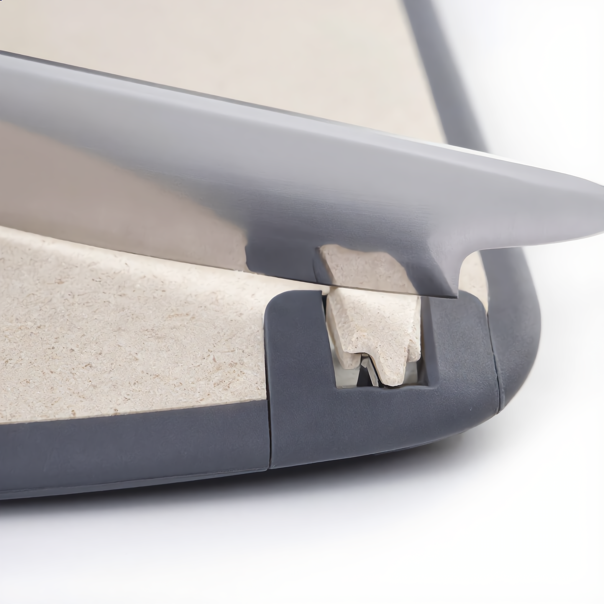 Close-up of the built-in knife sharpener slot