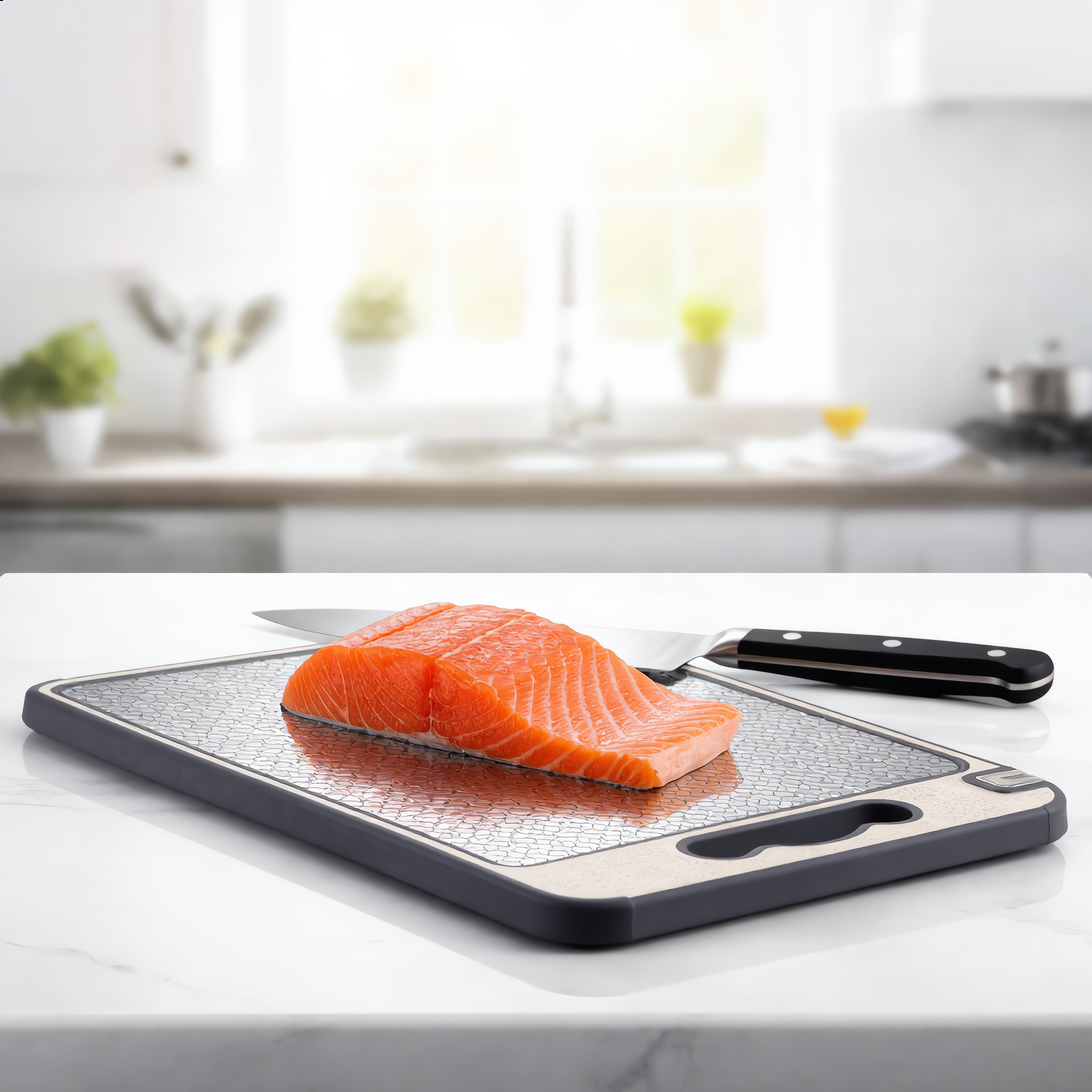 Mesh side with raw salmon and a knife on a marble counter
