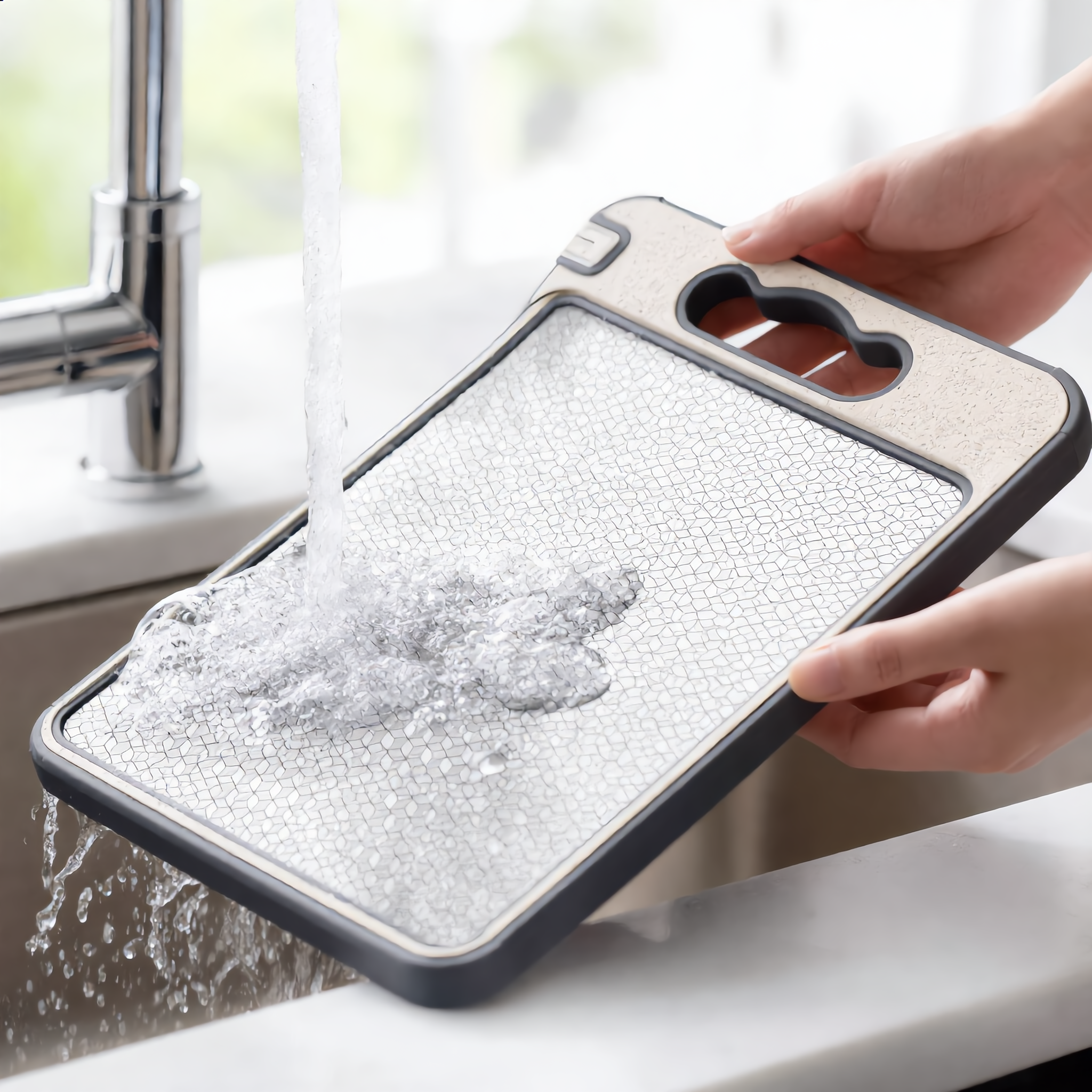 Rinsing the cutting board clean under a tap
