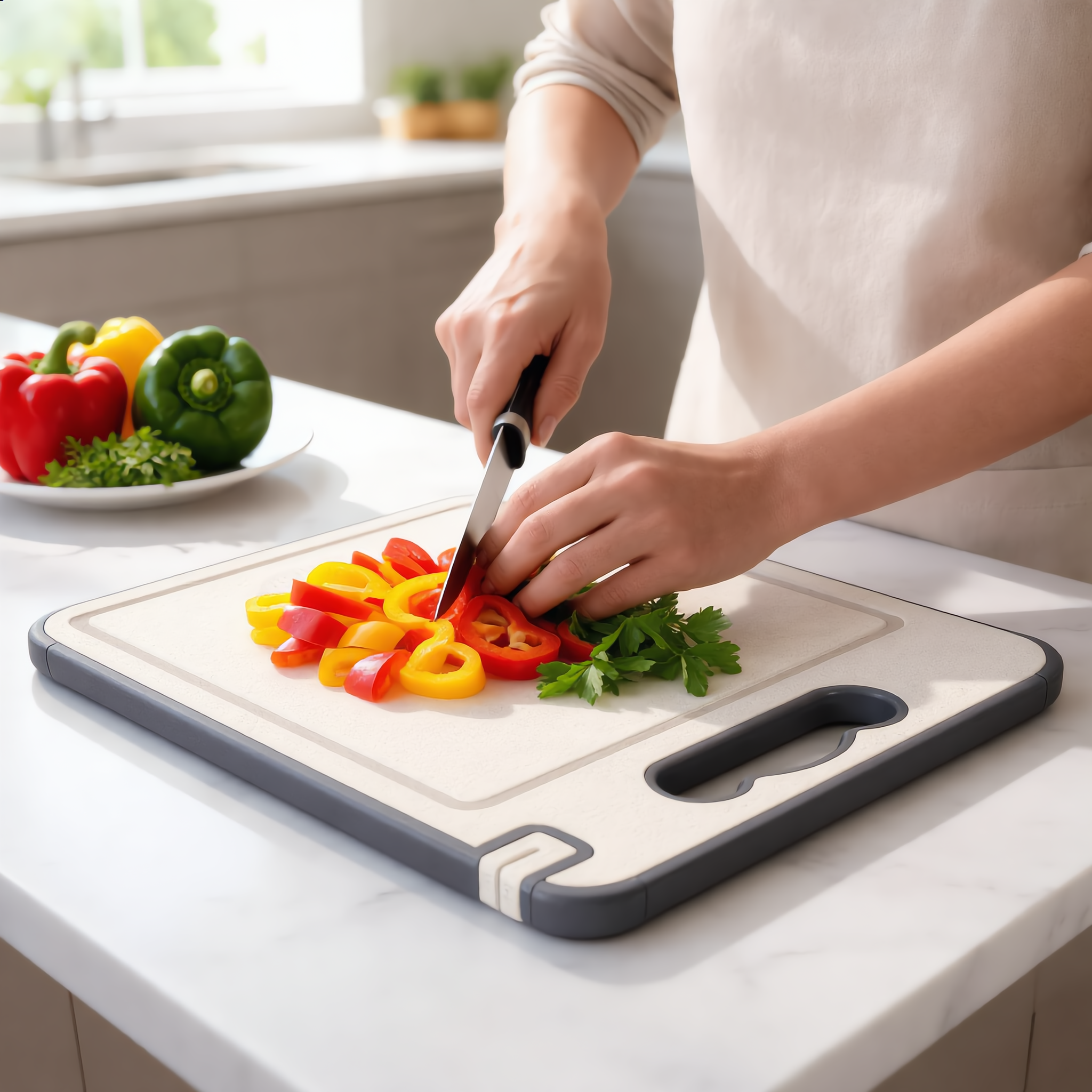 Chopping vegetables on the cream side of the board
