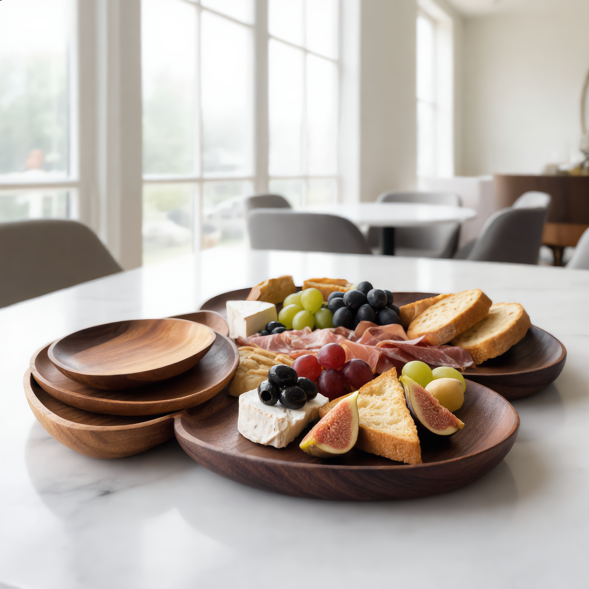 Mediterranean antipasti spread served on the acacia trays